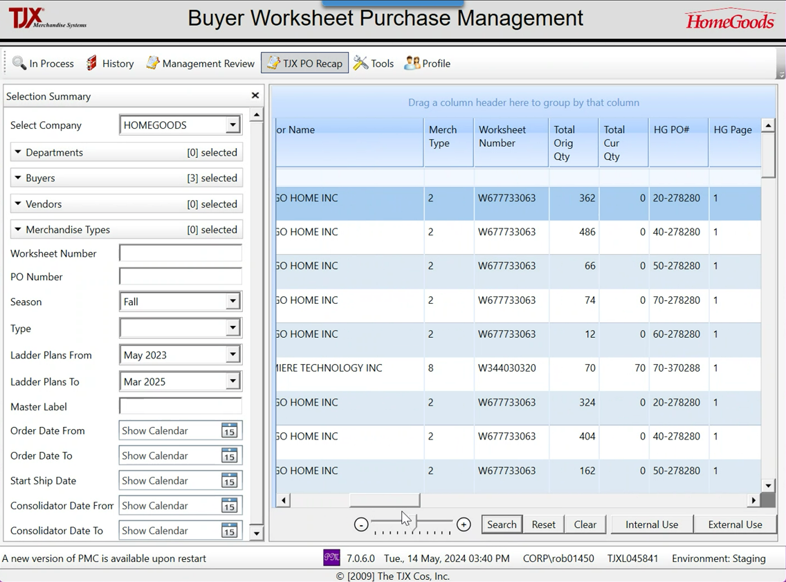Screenshot of a computer screen displaying a Buyer Worksheet Purchase Management interface from TJX Merchandising Systems for the HomeGoods company, showing a table of purchase order data, filters, and navigation options.