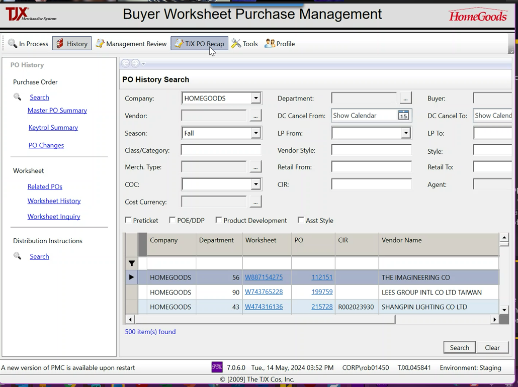Screenshot of a Buyer Worksheet Purchase Management system showing PO history for the company HomeGoods. It displays a search for purchase orders, with details like company, vendor, season, class, merchandise type, cost currency, and a list of purchase orders with their IDs, CIR, and vendor name.
