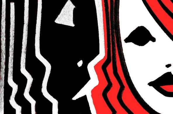Stylized black, white, and red abstract illustration of two women's faces with wavy hair.