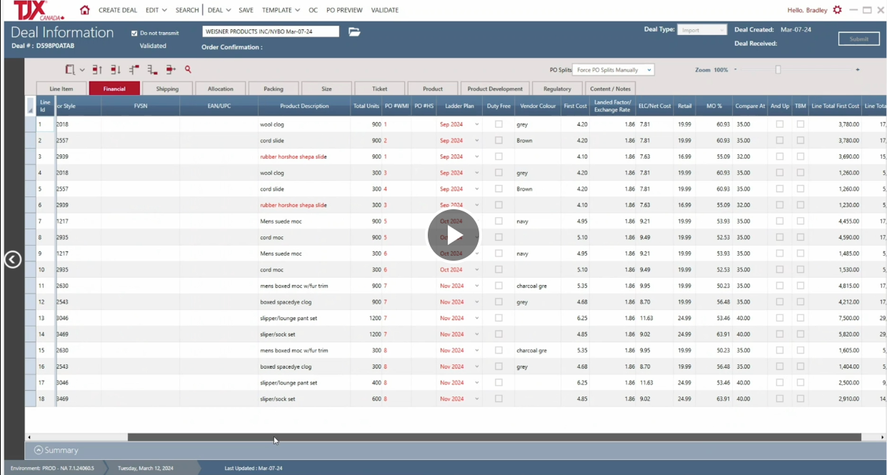 Screenshot of a deal information screen from TXJ Canada, showing a table of product details including line item, style, description, total units, product development date, vendor color, cost, and other specifications for various clothing products.