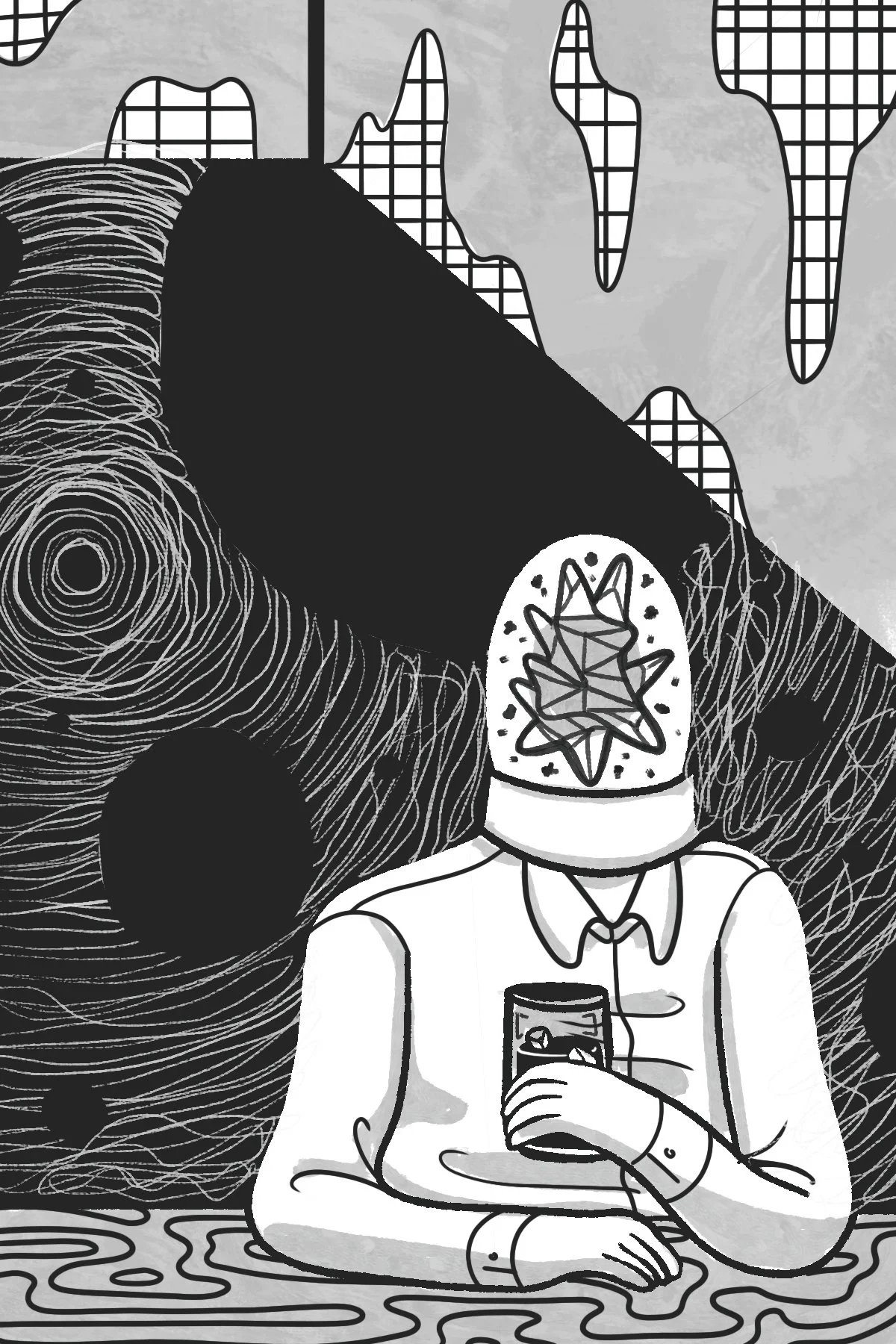 An abstract, surreal illustration of a person with a star-shaped head, sitting at a table holding a glass of what appears to be whisky. The background features stylized, drip-like shapes and grid-patterned mountain landscape.