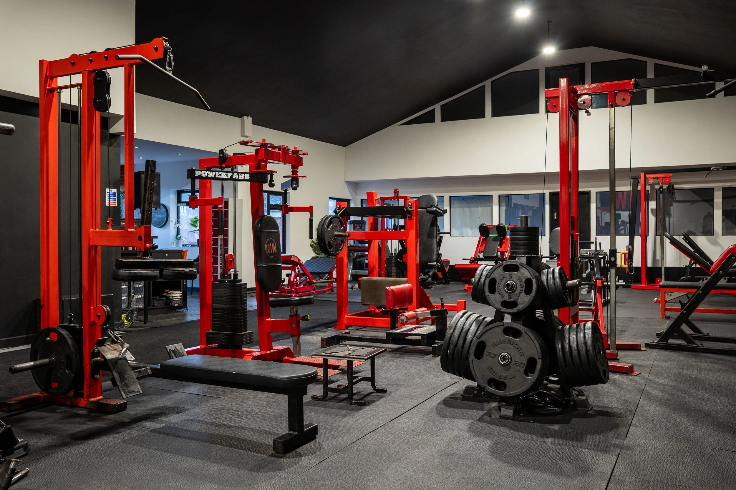 A gym with various red and black workout machines and weights, including a squat rack, a seated leg press, and a weight stacking machine, with a window in the background.