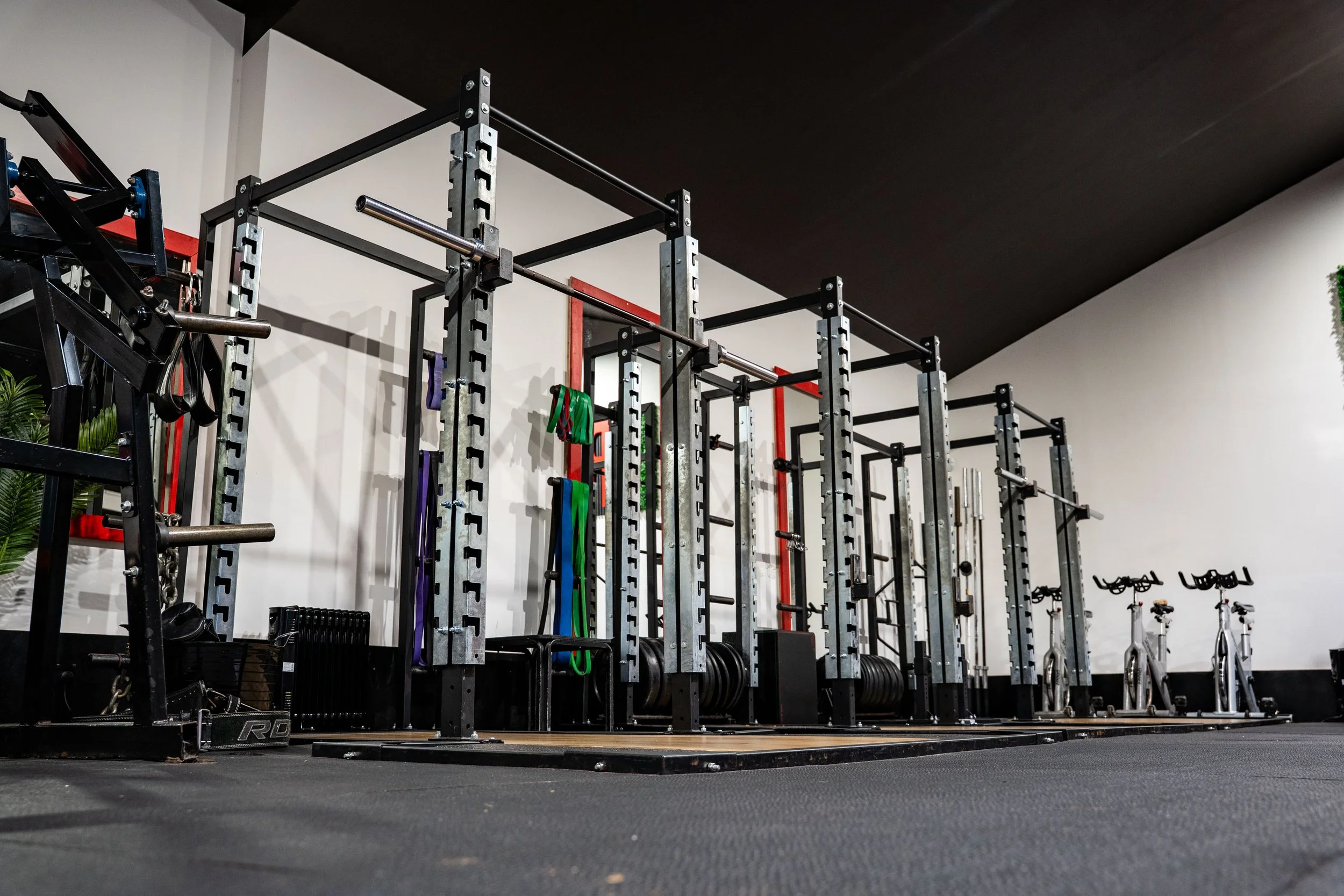 Empty gym with black floor and white and black walls, featuring squat racks, weight plates, resistance bands, and stationary bikes.