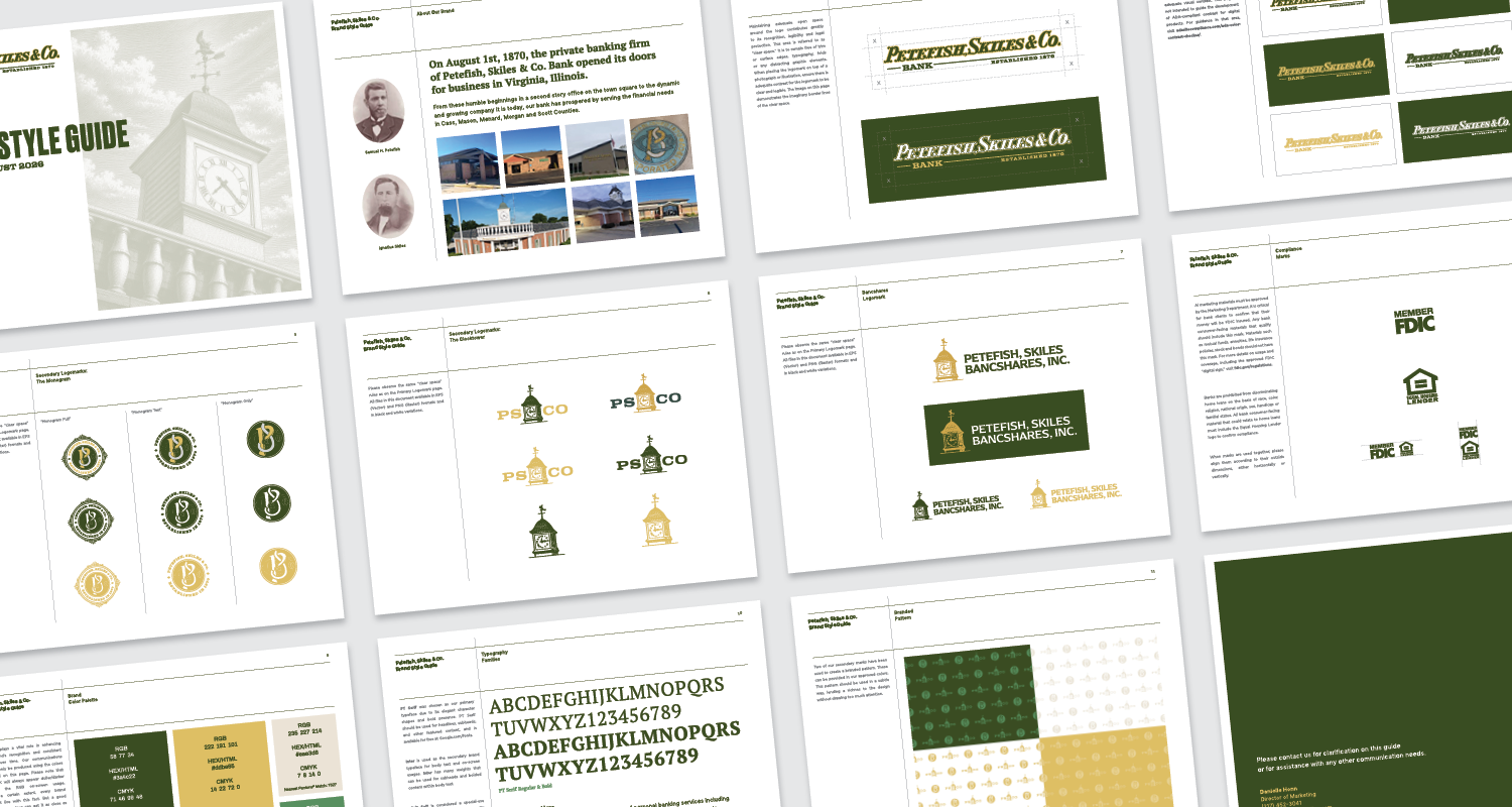 Images of multiple pages from Petefish Brand Style Guide