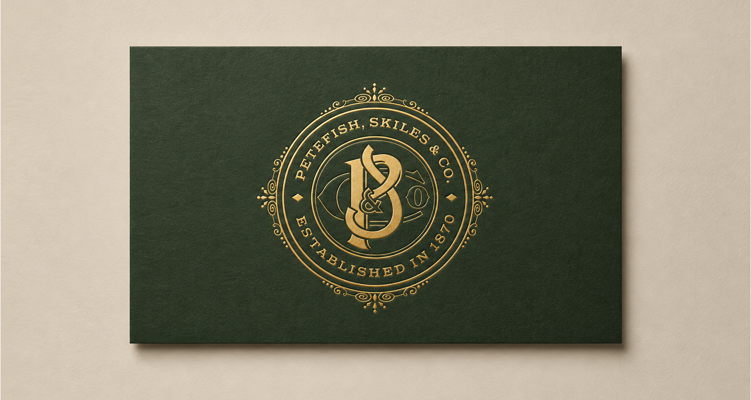 Petefish Skiles & Co monogram stamped on green card