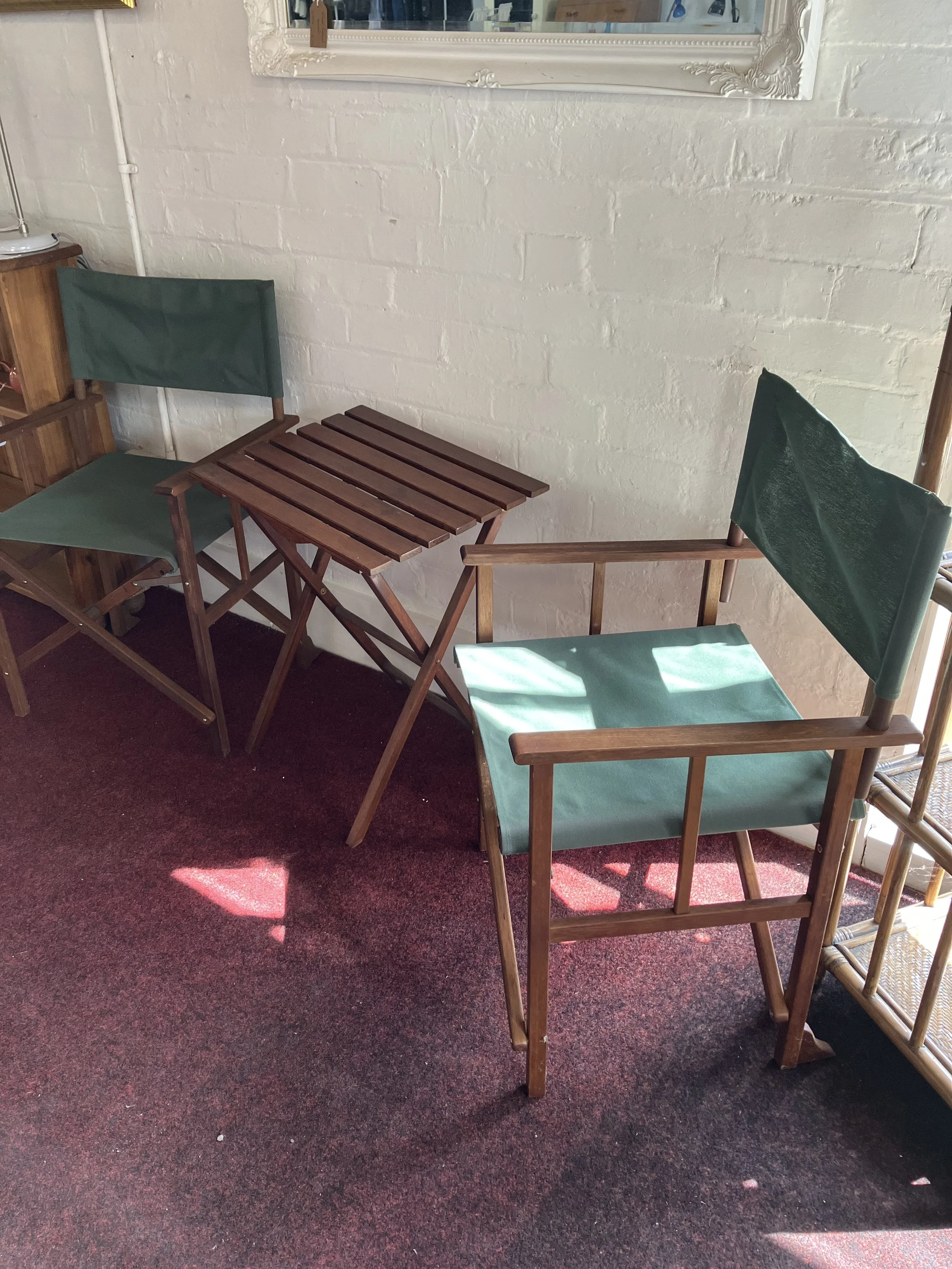 Pair of Teak Folding Director's Chairs and Side Table