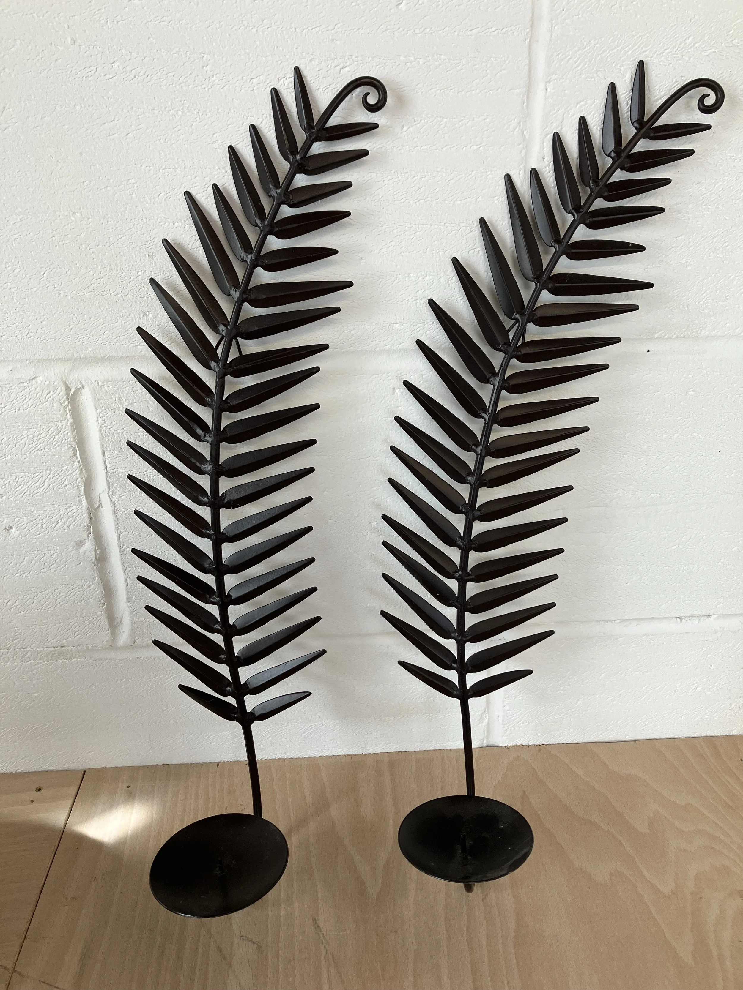 Pair of Black Metal Fern Leaf Shaped Wall Mounted Candle Holders