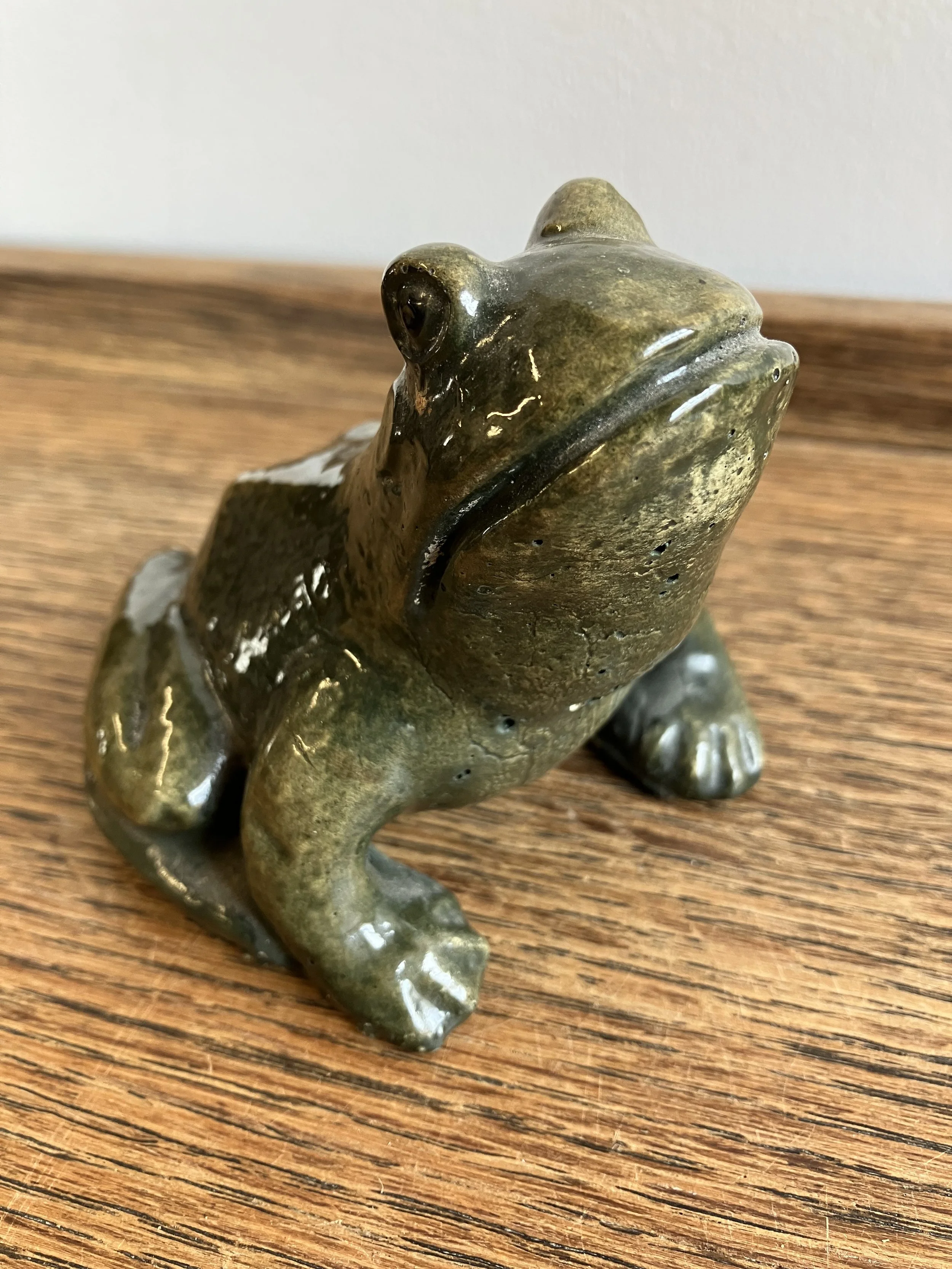 Vintage Khaki and Brown Ceramic Frog Garden Ornament
