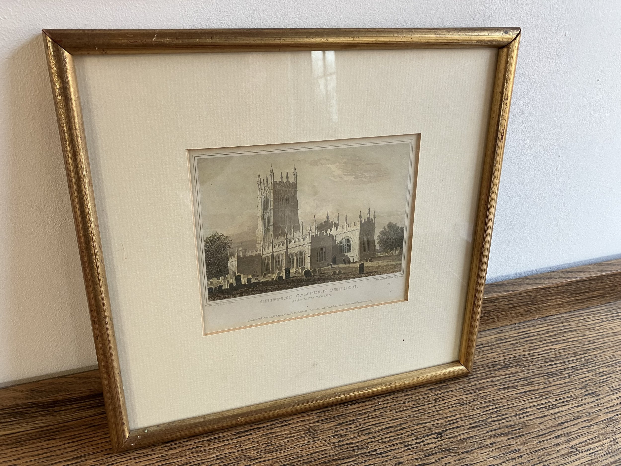Framed Engraving of Chipping Campden Church in 1824 by J P Neale