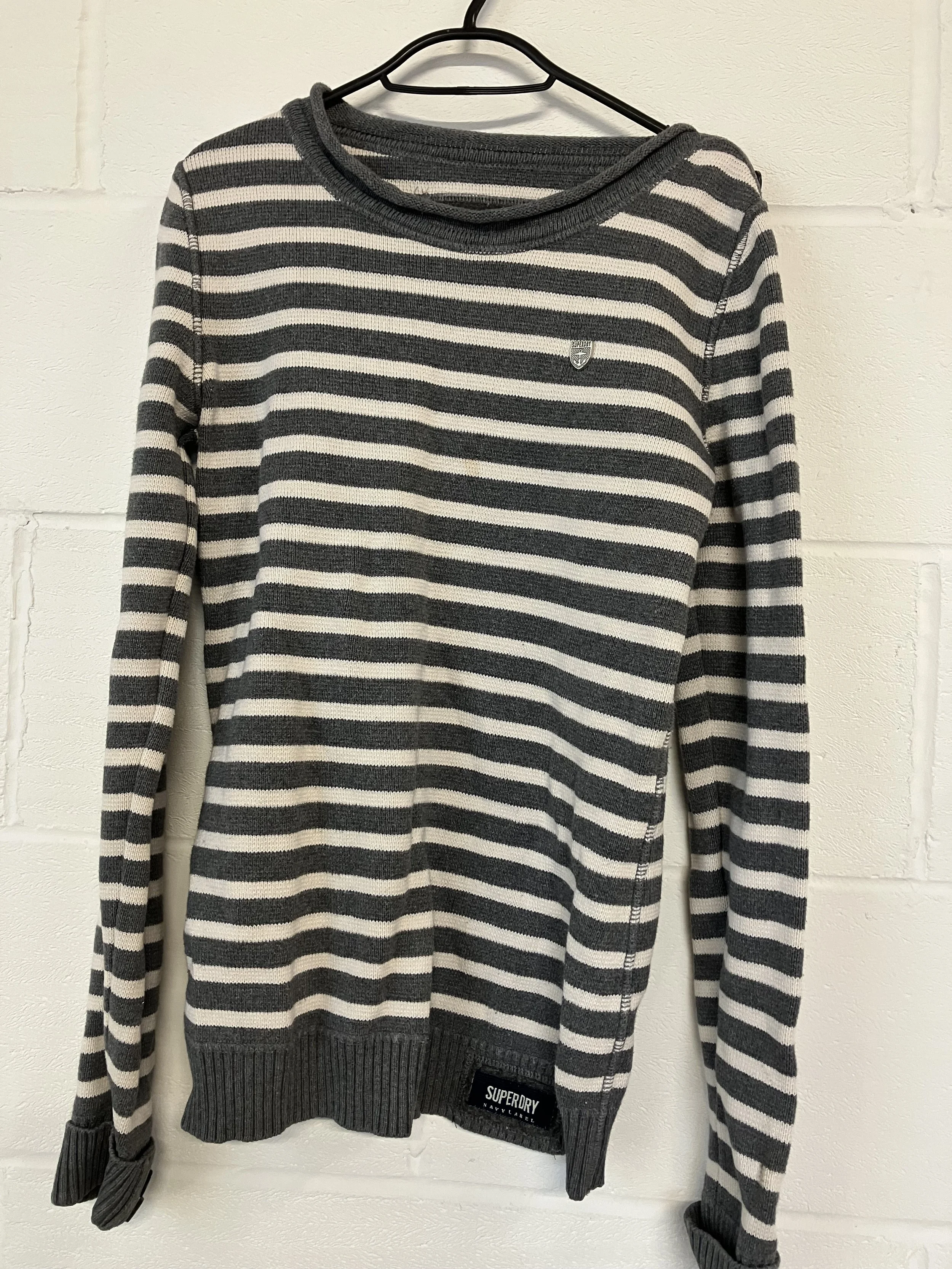 Grey and White Striped Long Sleeved Jumper by Superdry