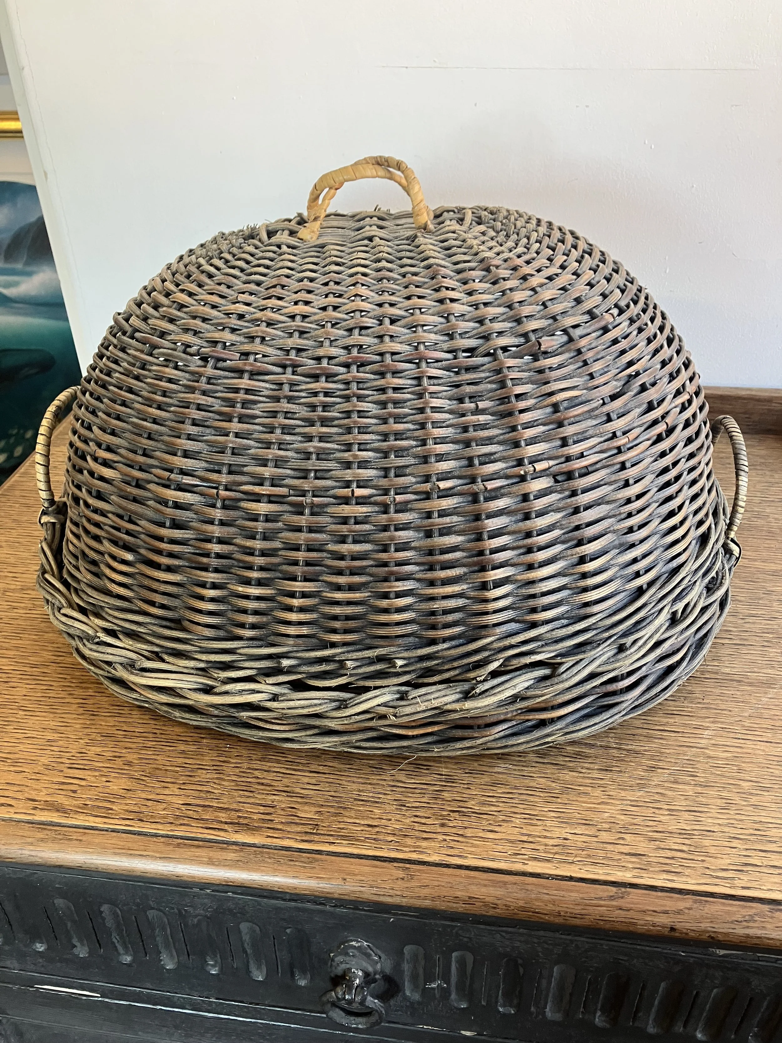 Large Brown Woven Wicker Matching Tray and Cloche Set