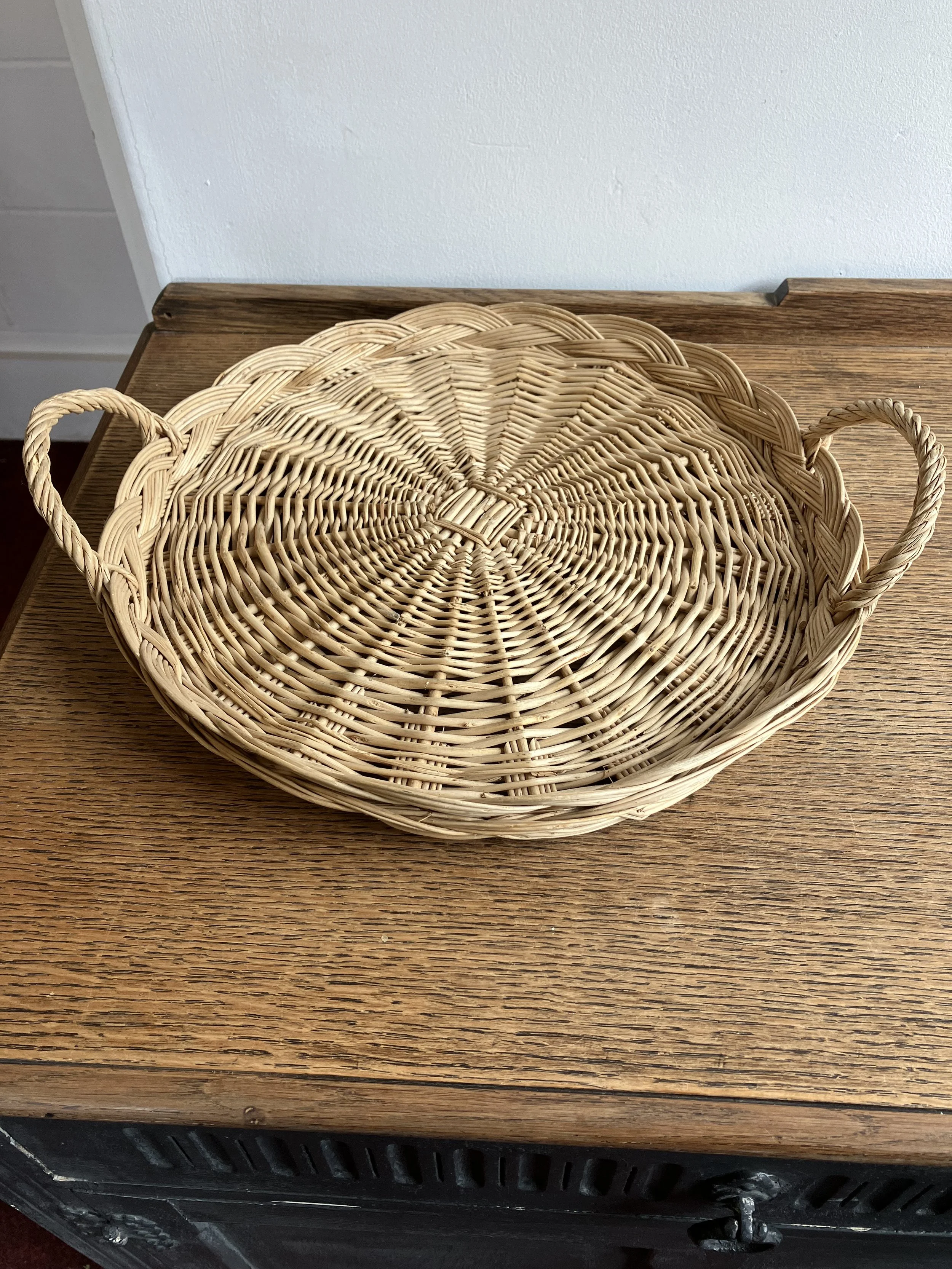 Vintage Round Woven Wicker Tray with Handles