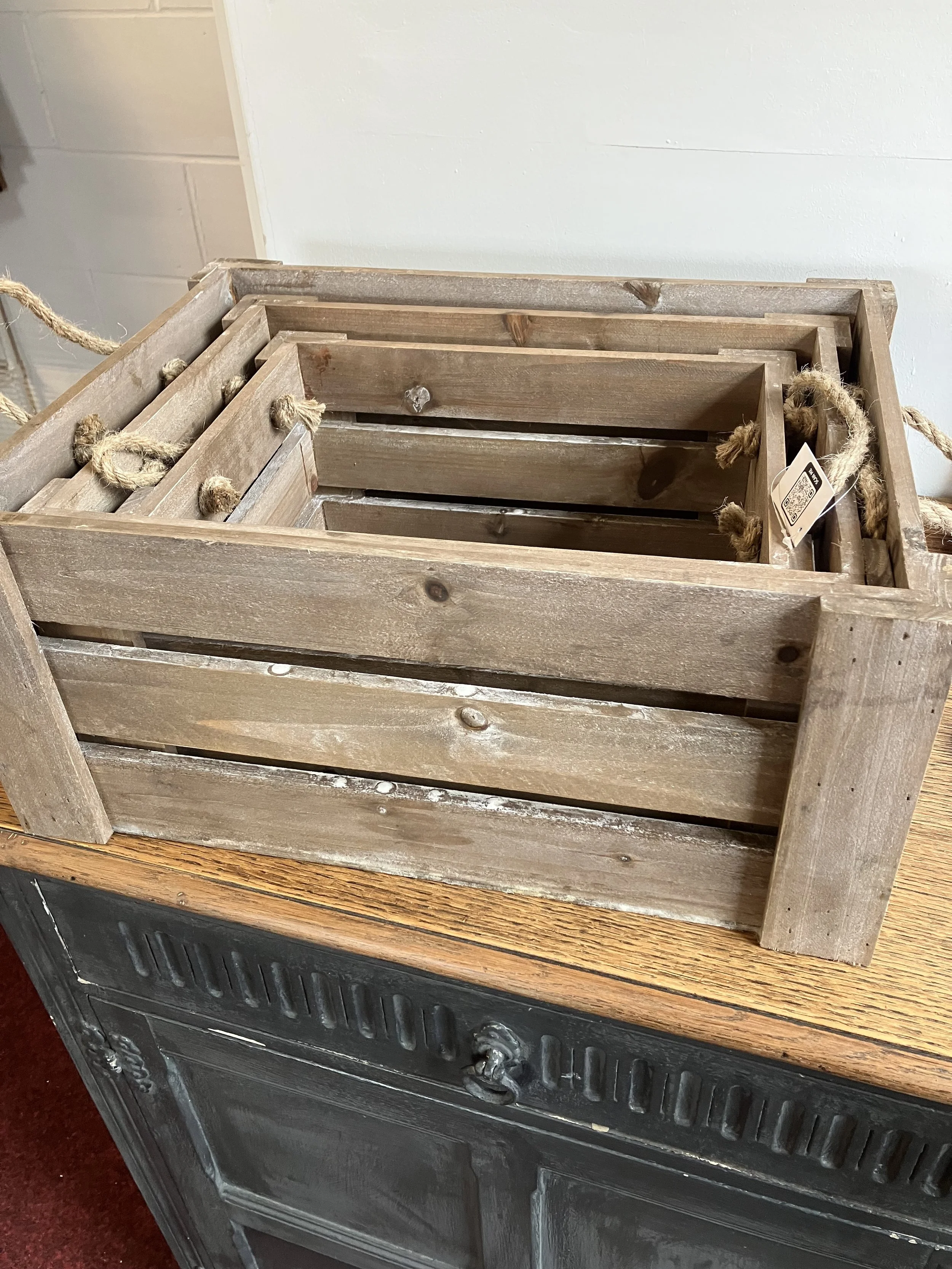 Set of Three Brown Wooden Storage Crates with Rope Handles