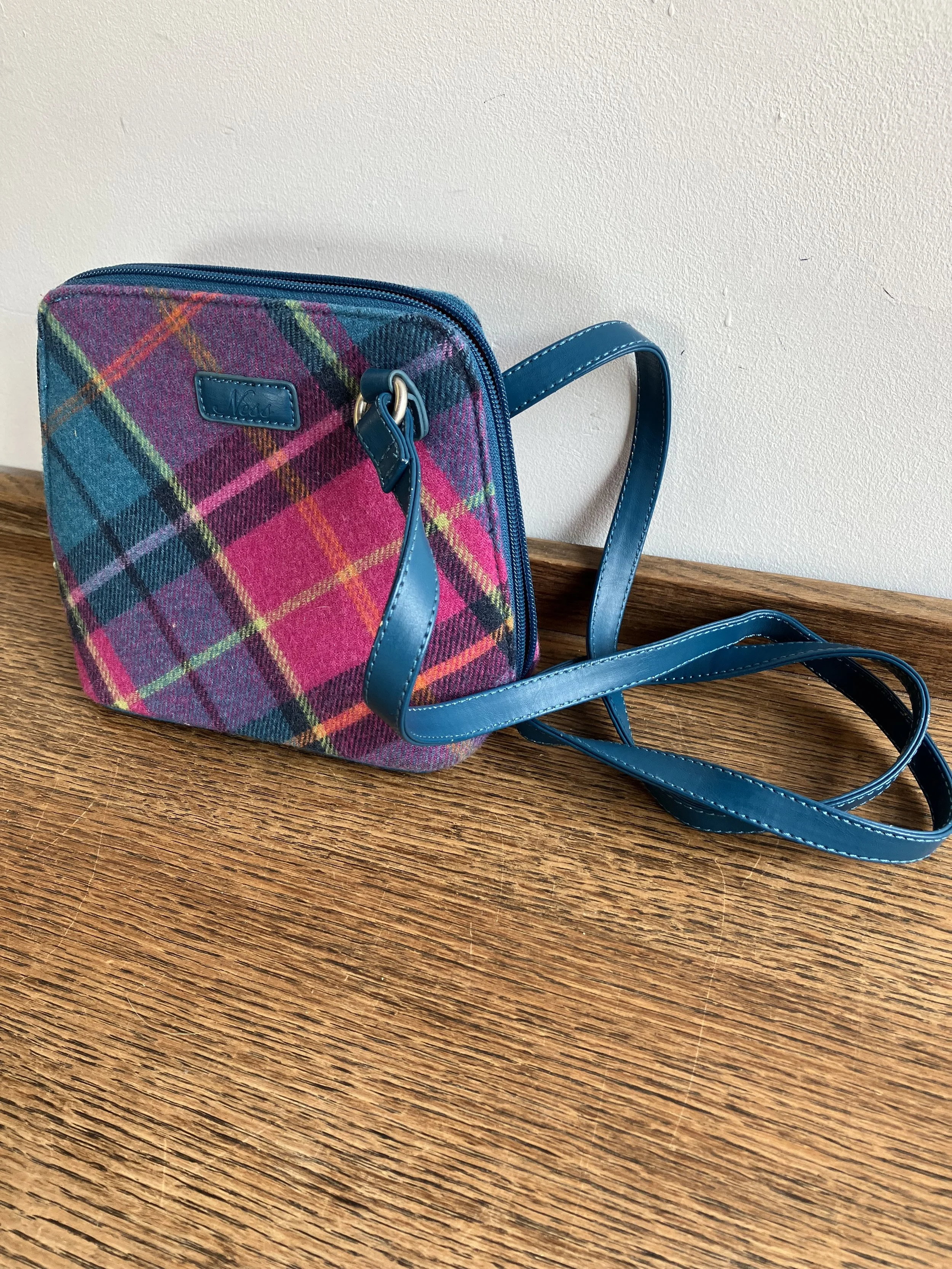Pink and Blue Checked Tweed Issy Crossbody Bag by Ness of Scotland