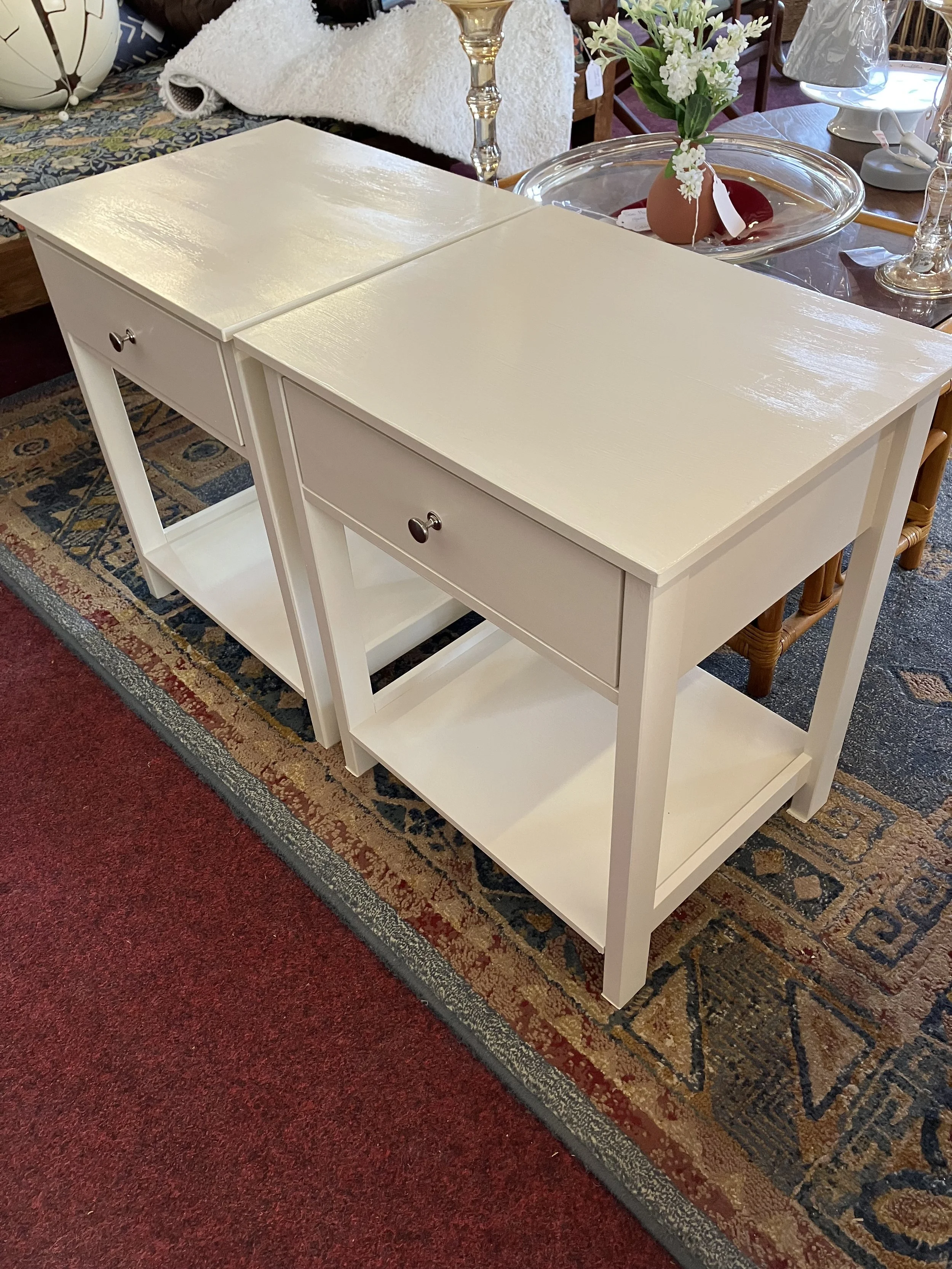 Pair of White Factory Painted Modern Bedside Tables