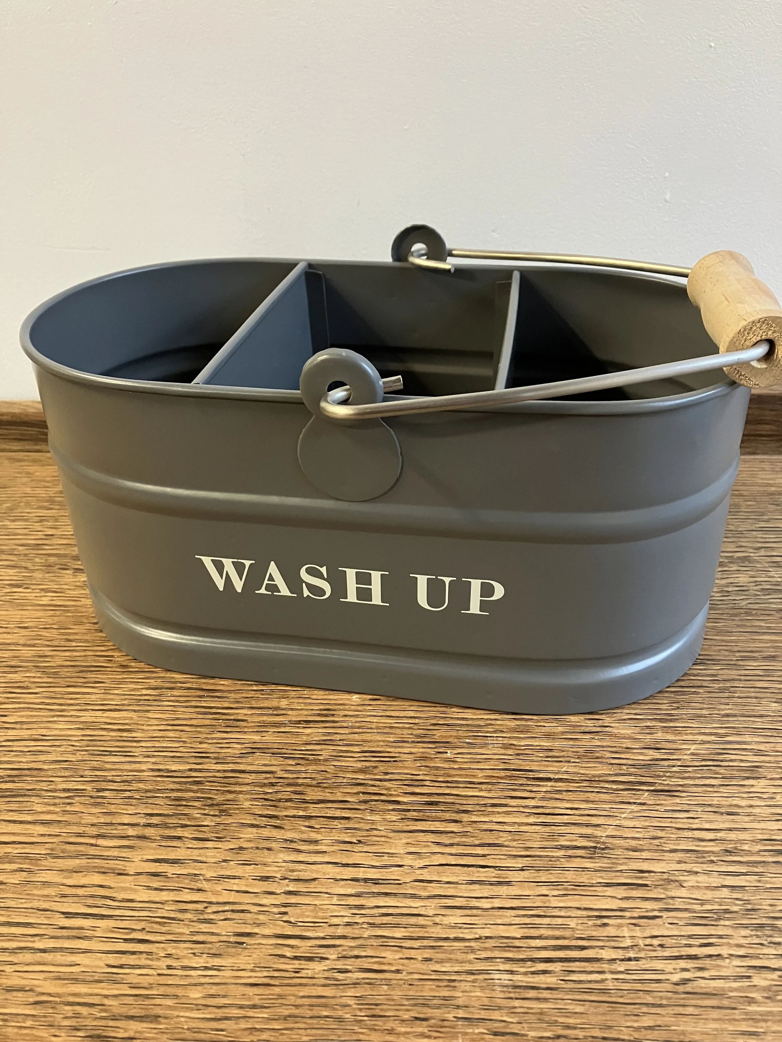 Loft 1850 Grey Metal Washing Up Caddy with Wooden Handle
