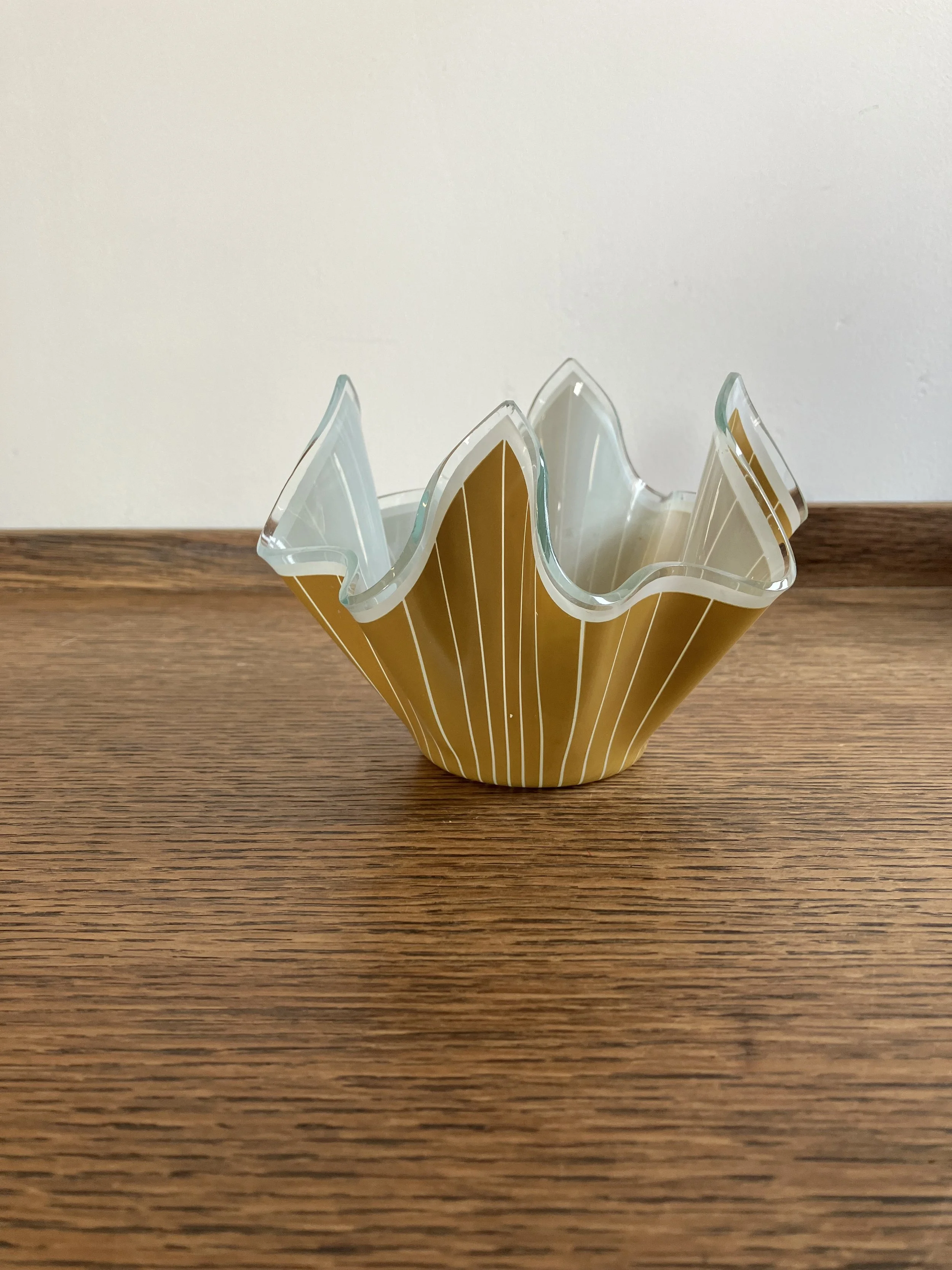 Vintage Brown and White Striped Chance Glass Handkerchief Vase