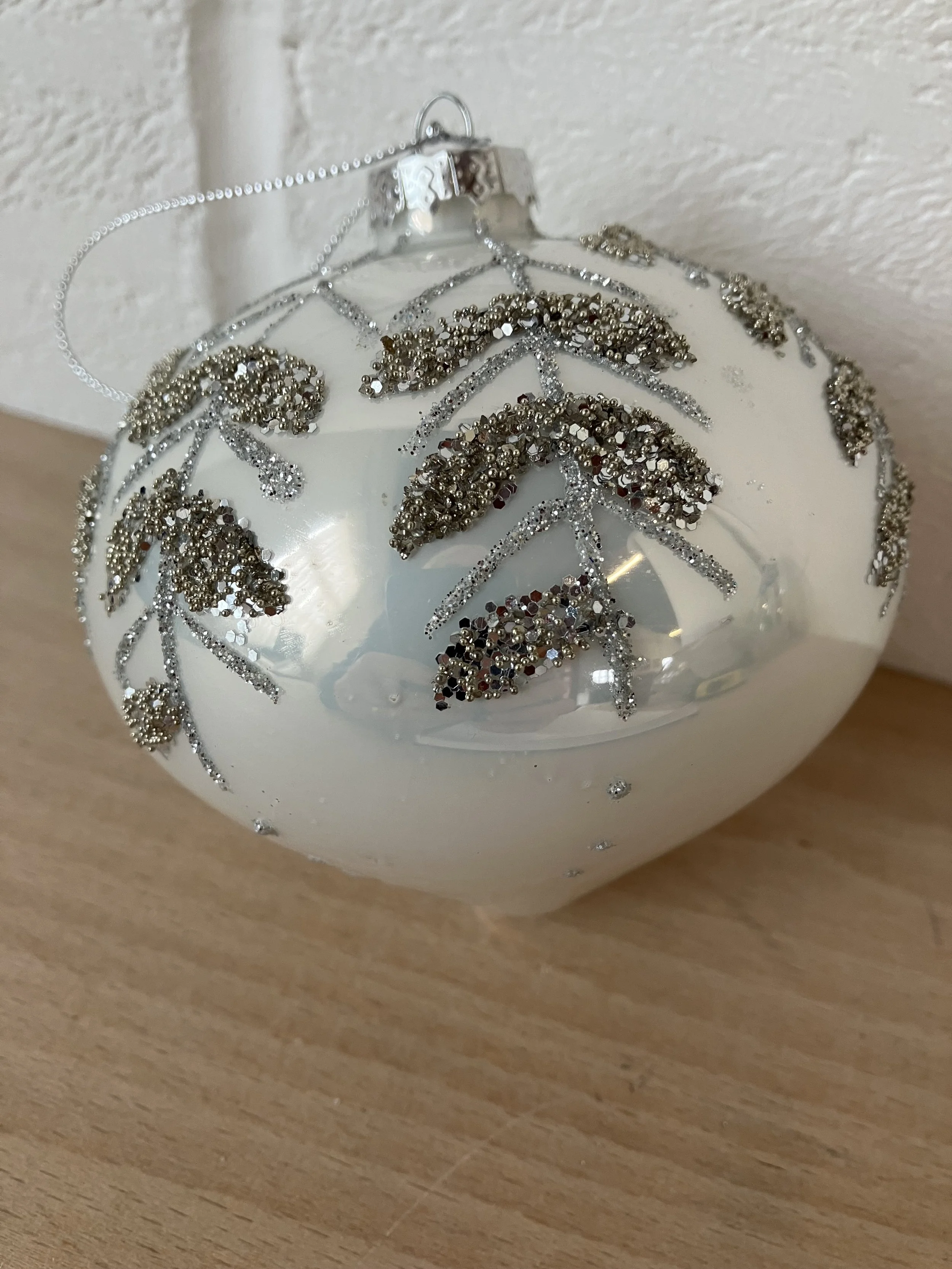 White Teardrop Shaped Hanging Bauble with Small Leaf Pattern by Coach House