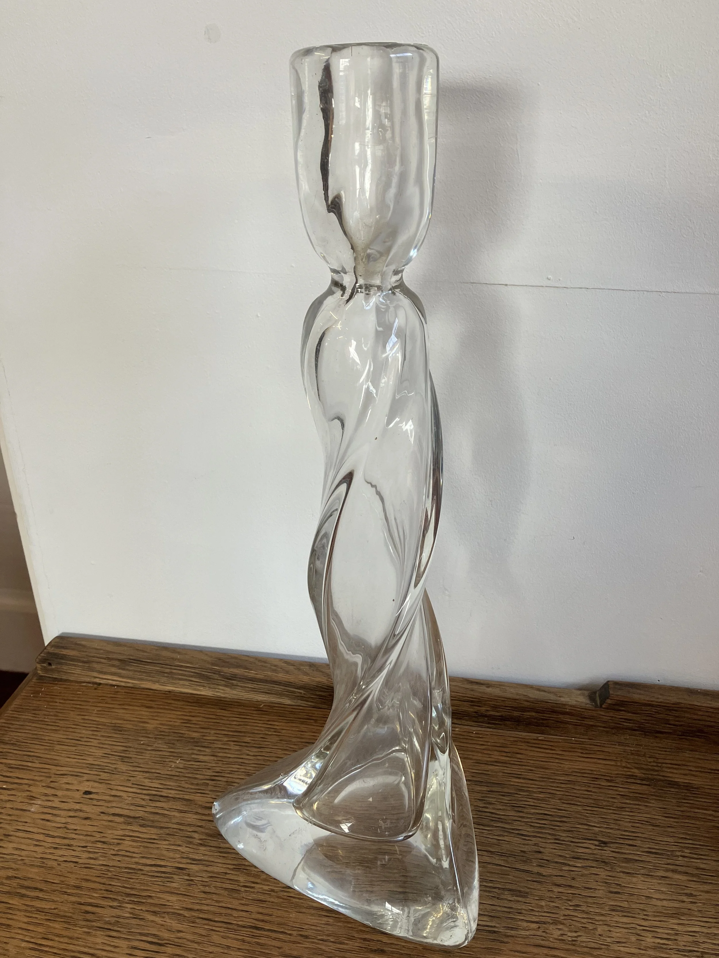 Heavy Twisted Glass Single Candle Holder with Triangular Base