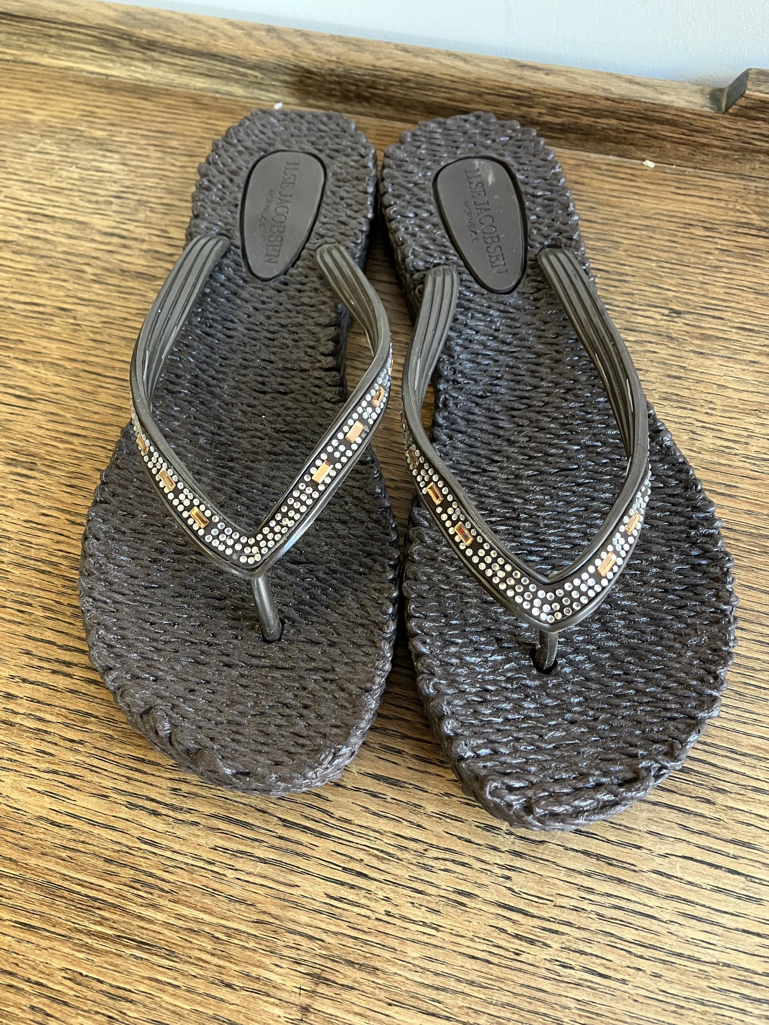 Pair of Ilse Jacobsen Textured Flip Flop Sandals with Diamante Trim