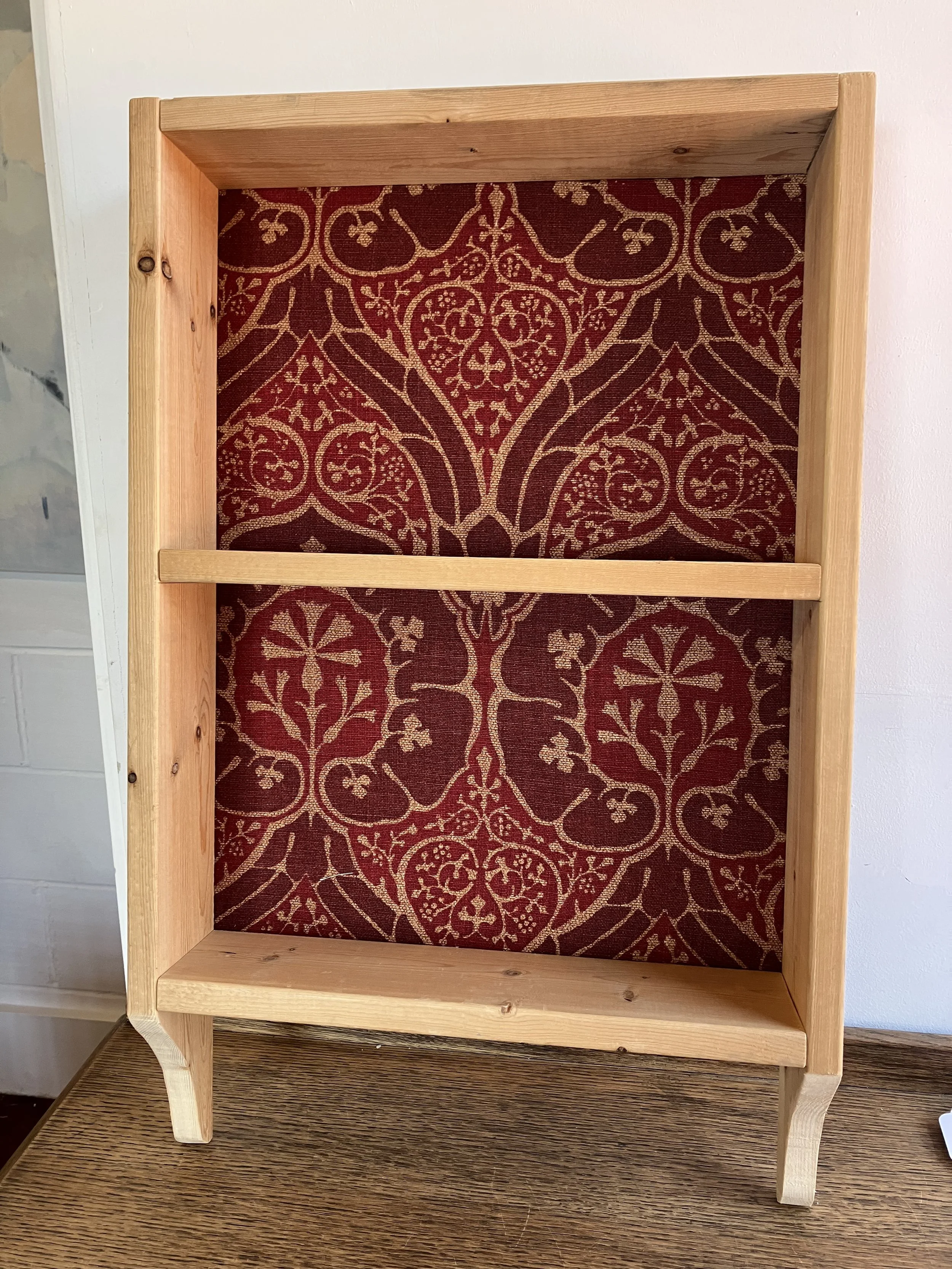 Small Pine Wall Mounted Shelves with Red Voysey Pattern Back