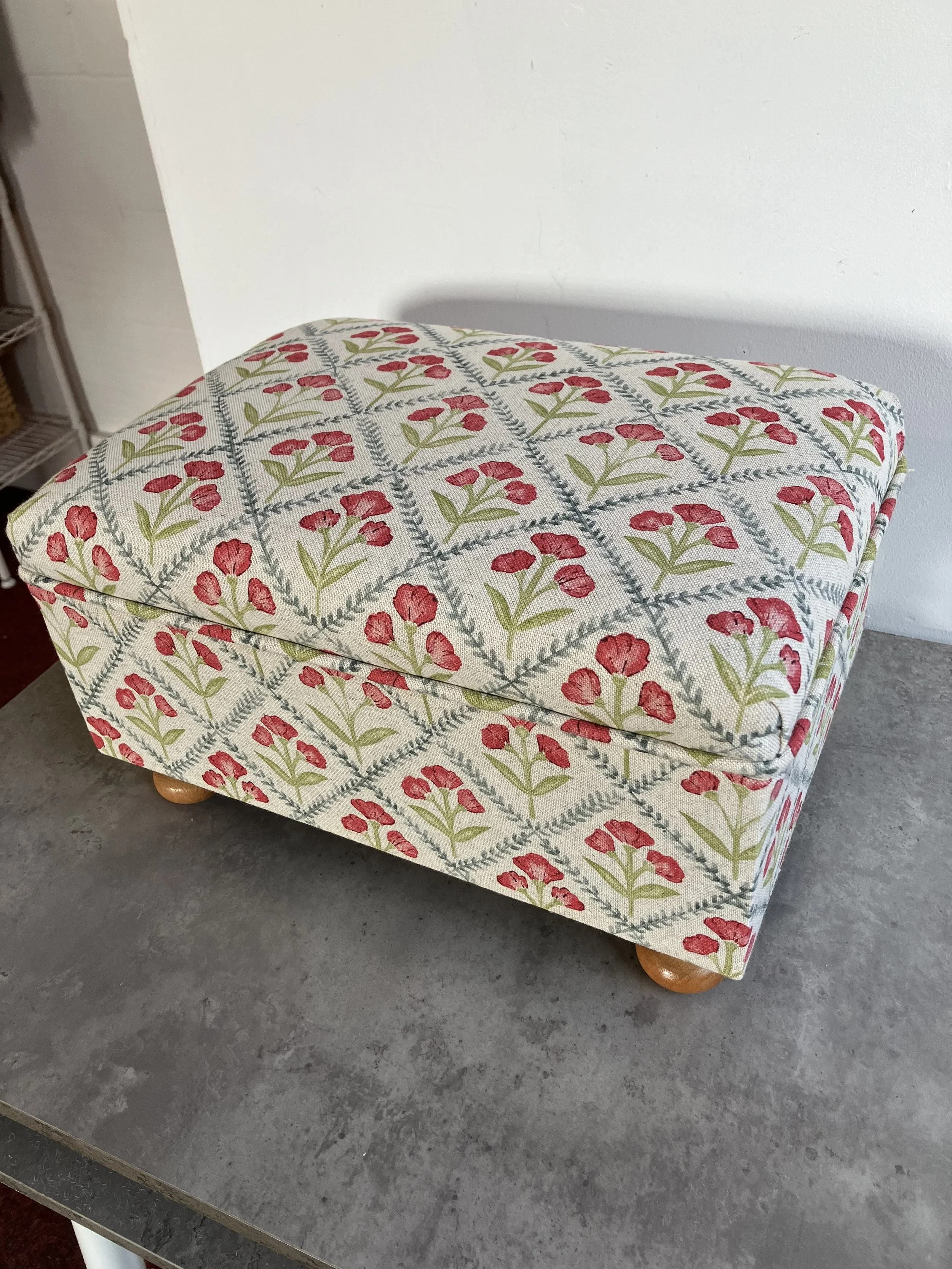 Small Rectangle Footstool Upholstered in Coordonne Poppy Red Fabric