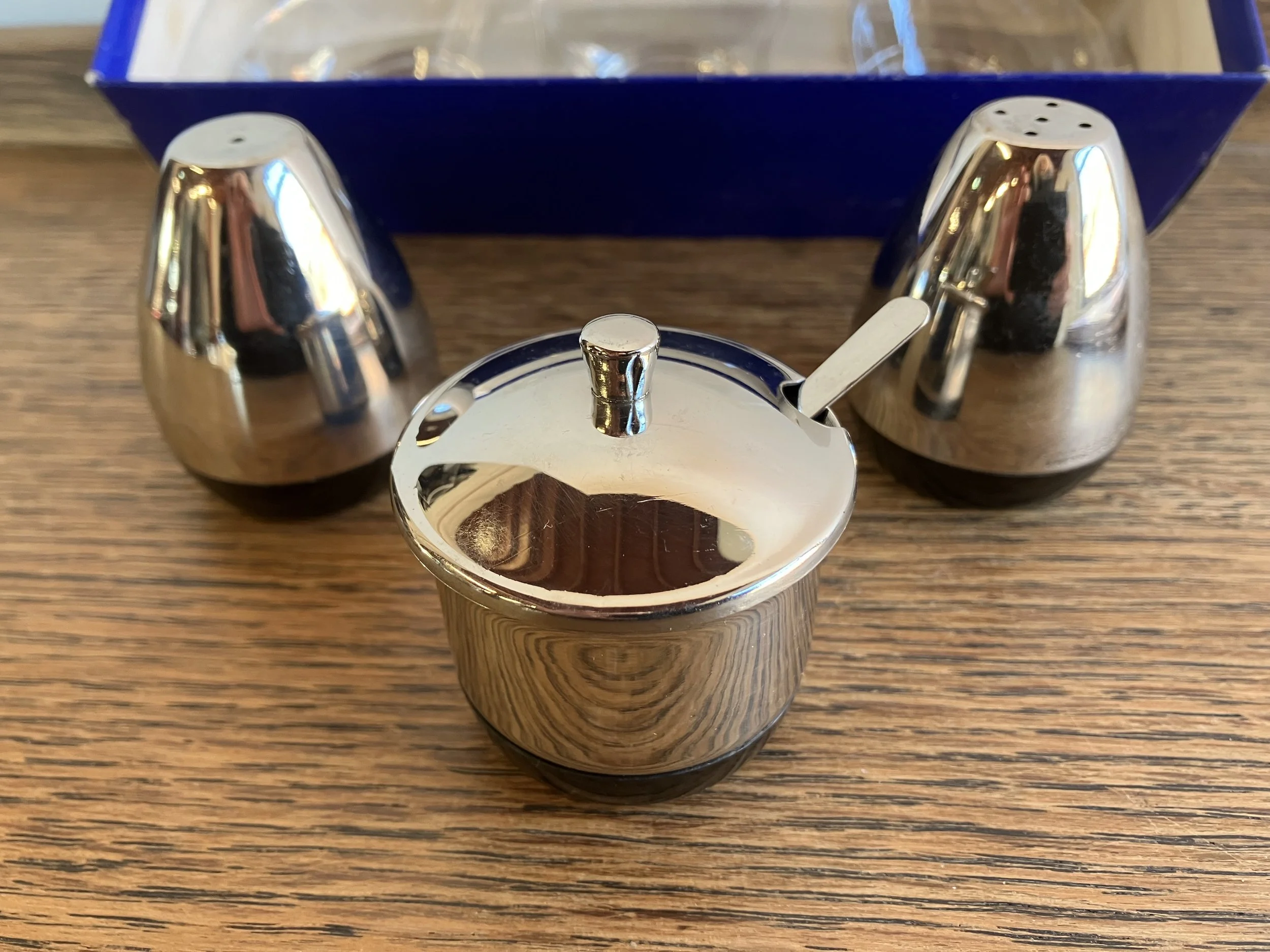 Set of Three Boxed 18/8 Stainless Steel Cruet Set by Empire