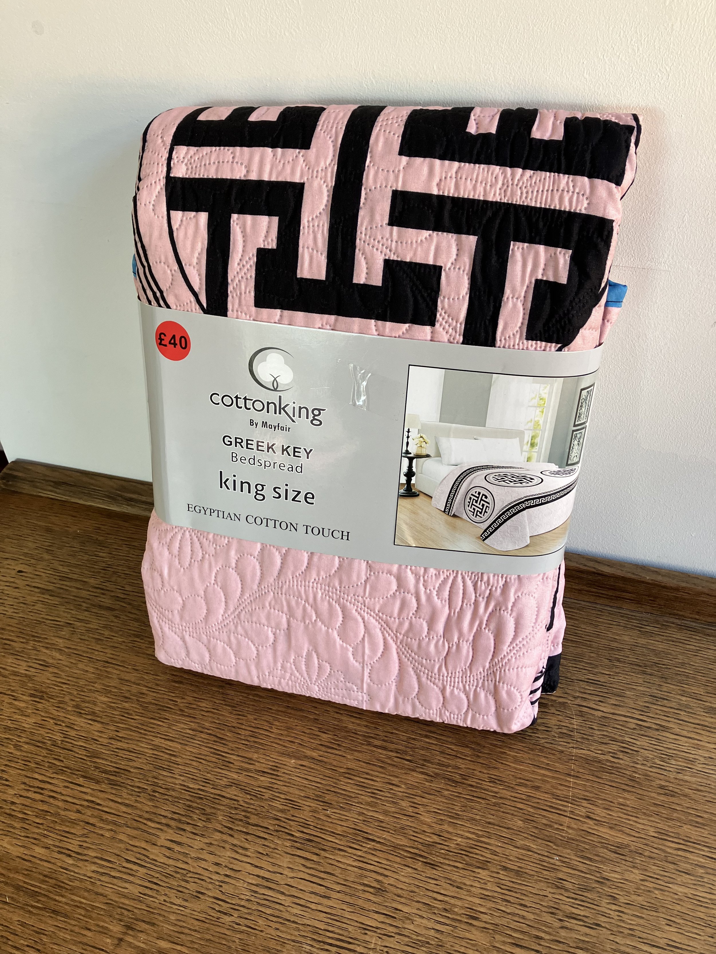 Cottonking by Mayfair Pink and Black Greek Key Pattern King Size Bedspread