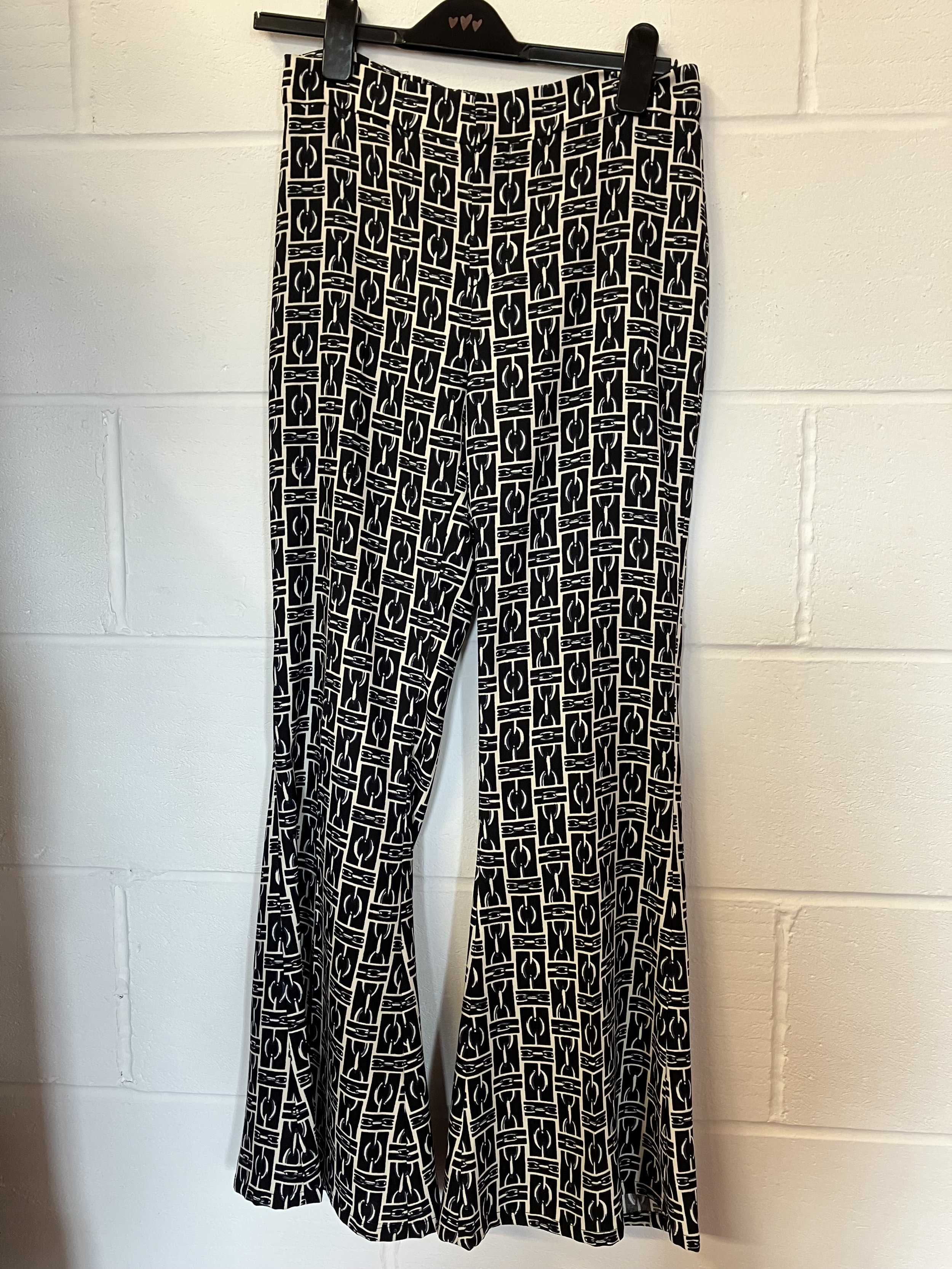 Pair of Black and Cream Abstract Patterned Flared Trousers by Zara