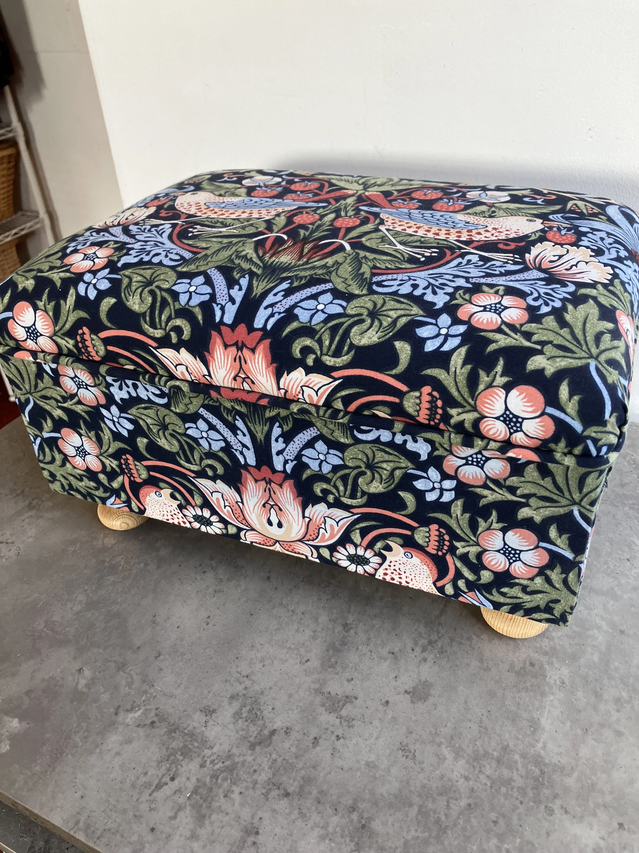 Small Footstool Upholstered in Morris & Co Blue Strawberry Thief Fabric