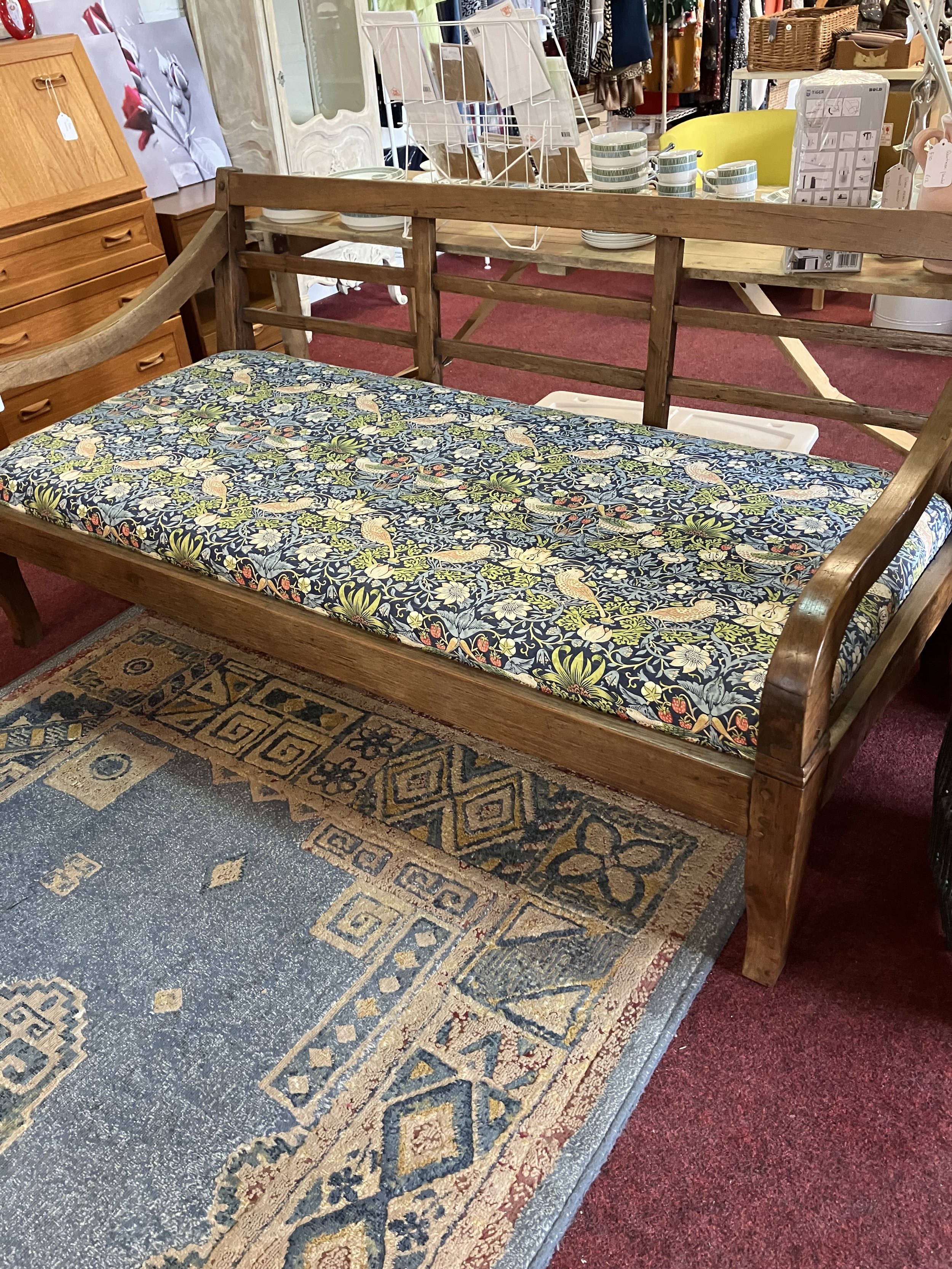 Victorian Oak Deep Seated Bench with Upholstered Seat and Slatted Back