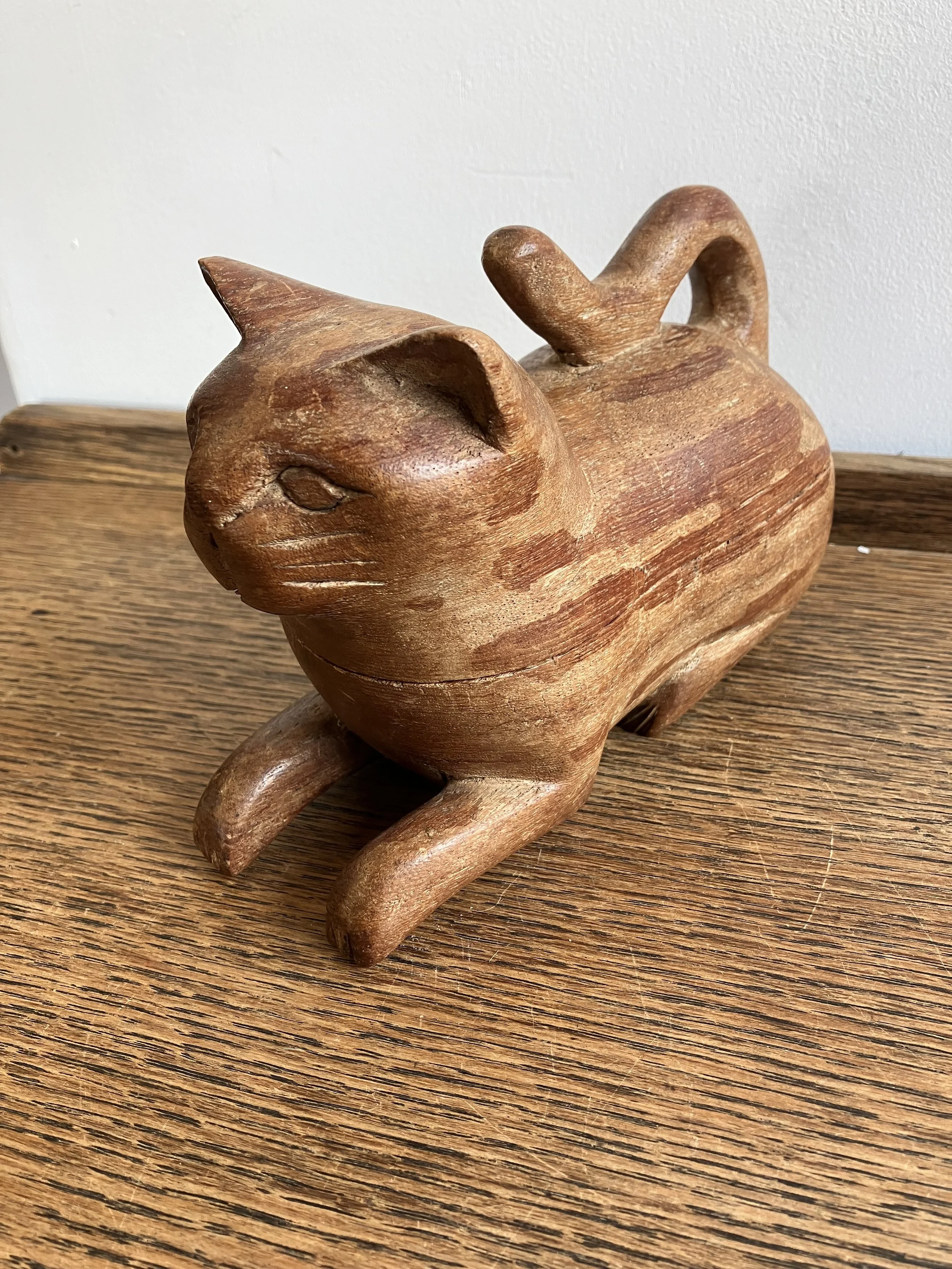 Wooden Carved Cat Shaped Trinket Box