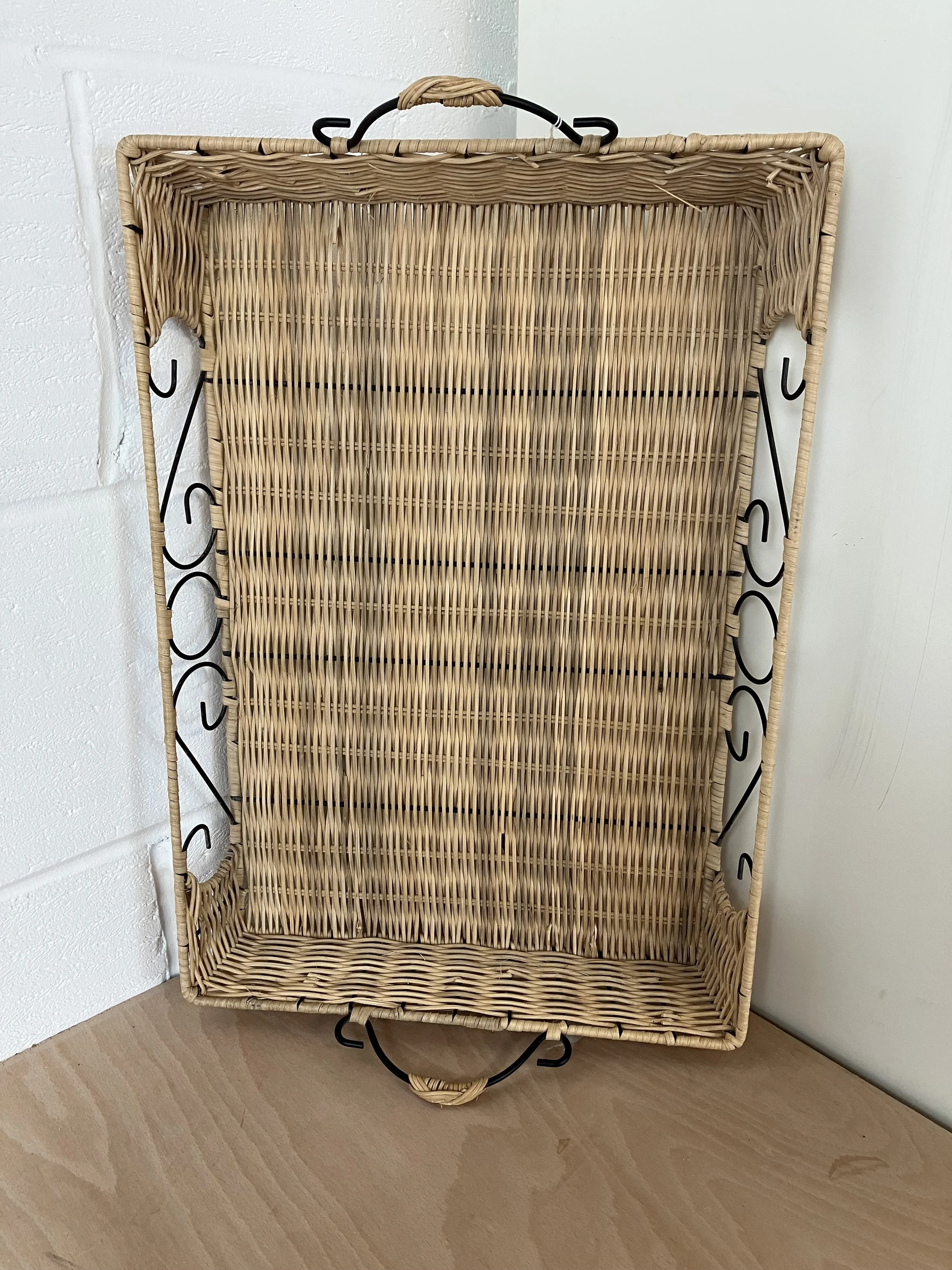 Rectangle Black Metal Tray with Wicker Sides and Base