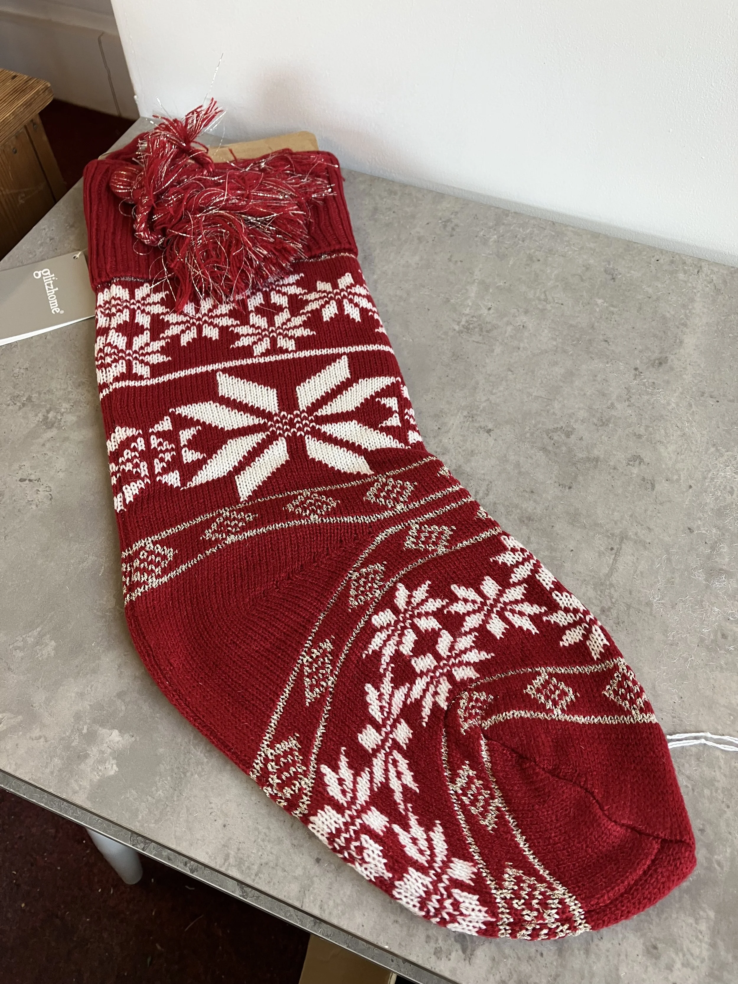 Glitzhome Red Knitted Christmas Stocking with Snowflake Pattern