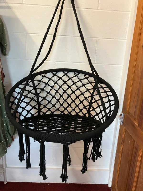 Black Macrame Style Hanging Chair with Decorative Tassels