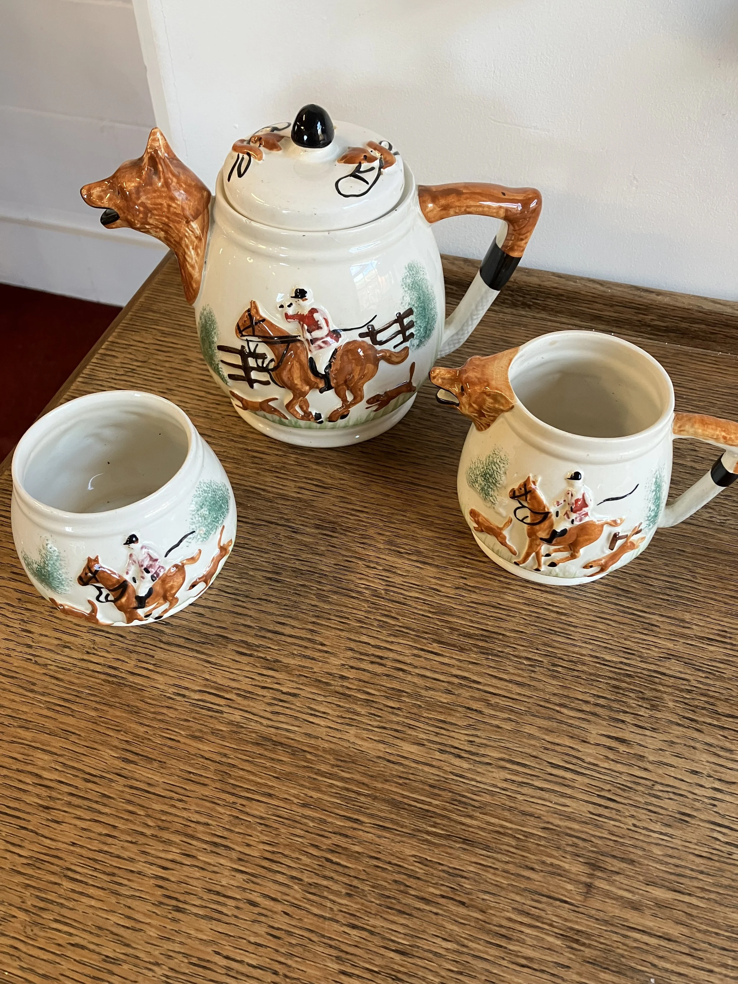 Portland Pottery Hunting Scene Teapot, Milk Jug and Sugar Bowl