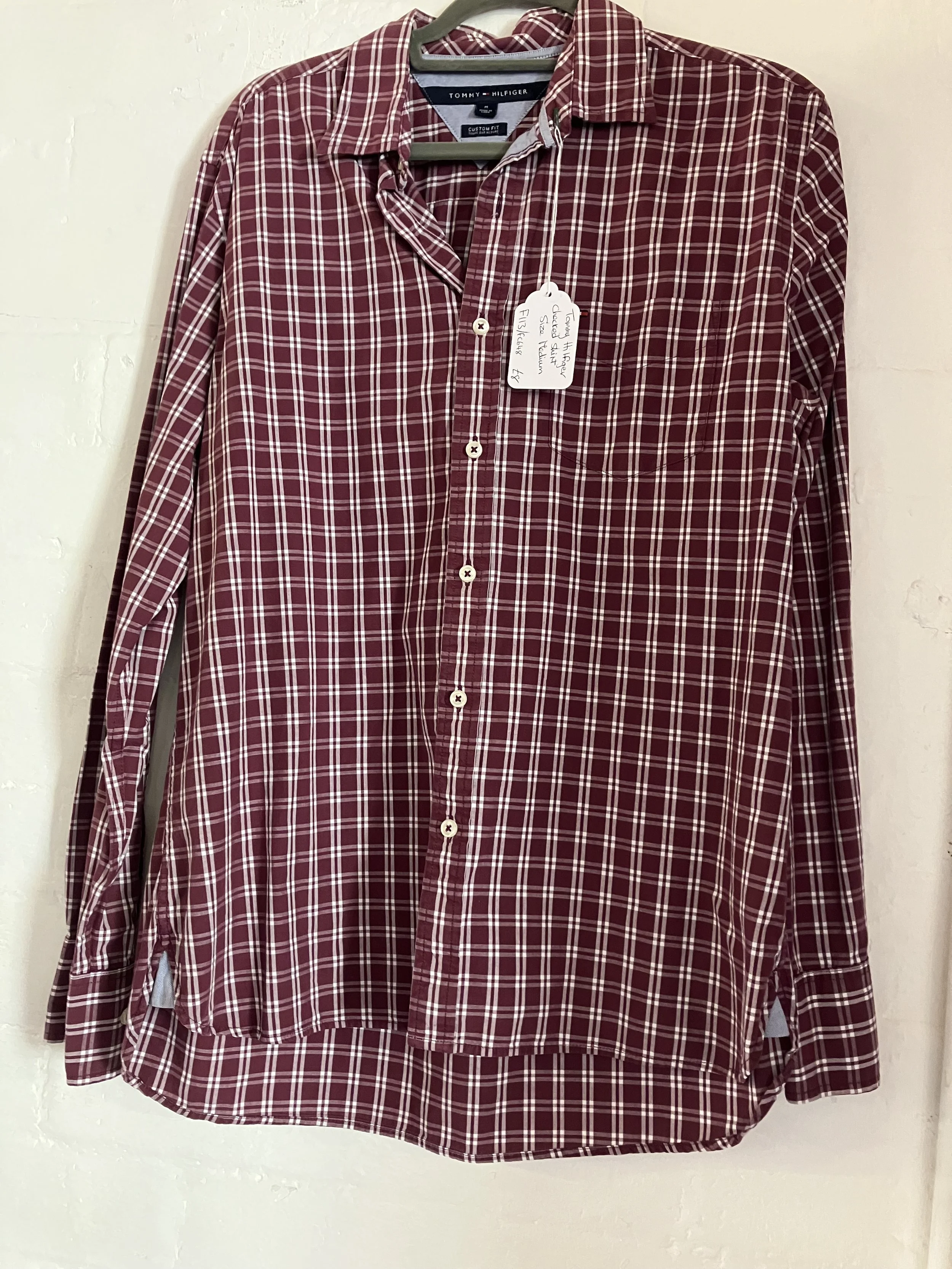Men's Burgundy and White Checked Shirt by Tommy Hilfiger