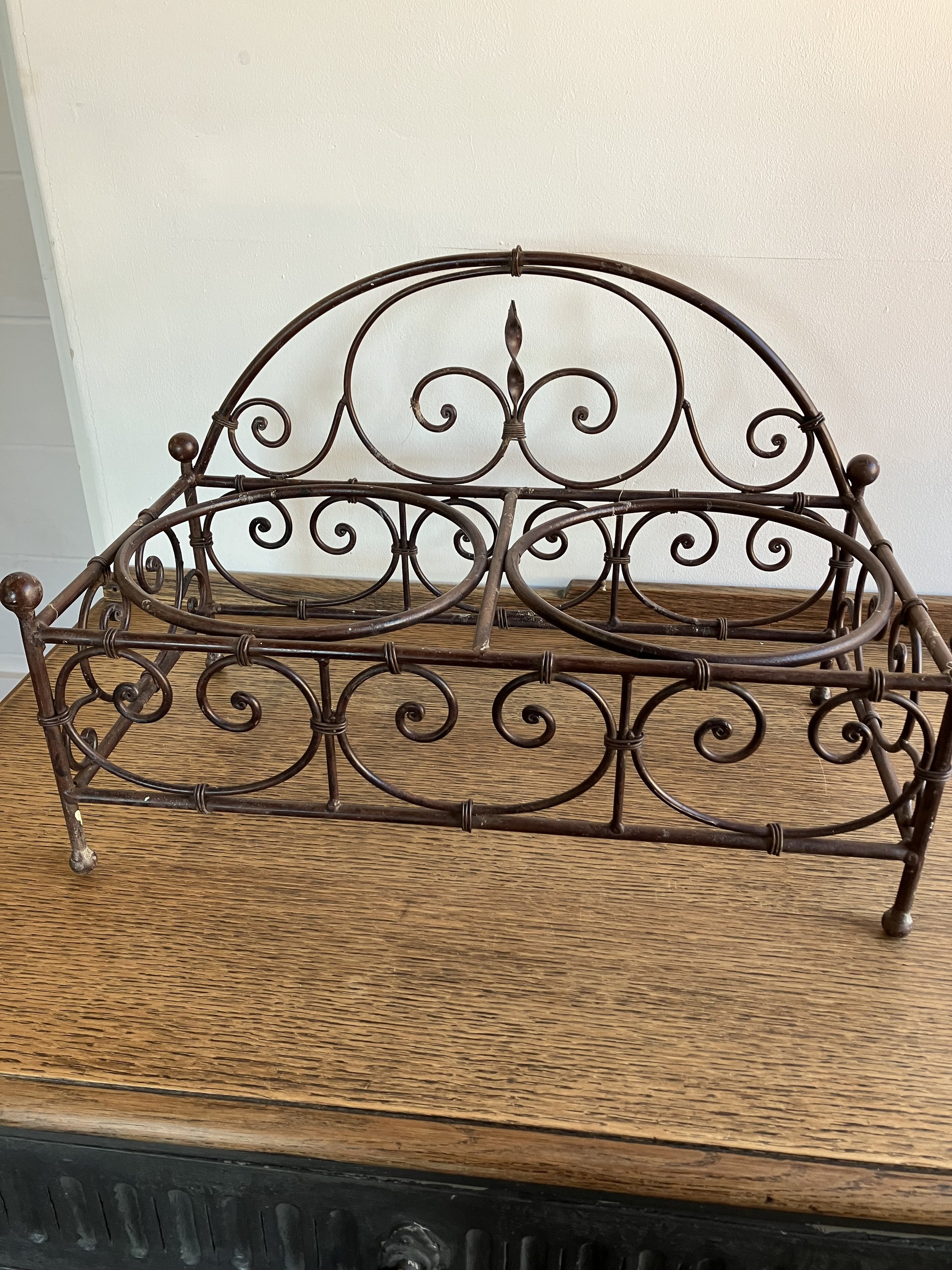 Brown Cast Iron Double Plant Pot Holder with Scroll Pattern