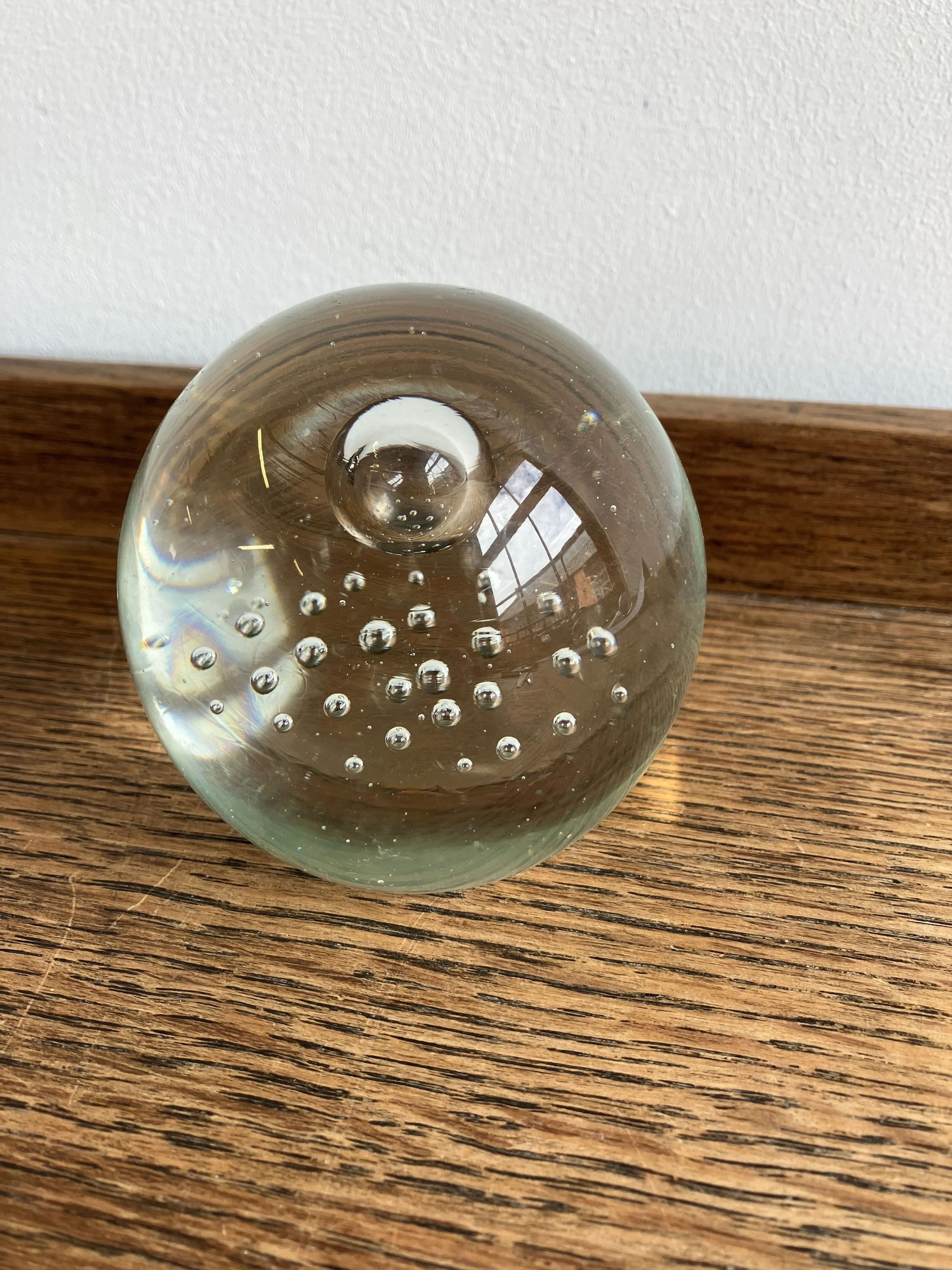 Round Clear Glass Paperweight with Bubbles
