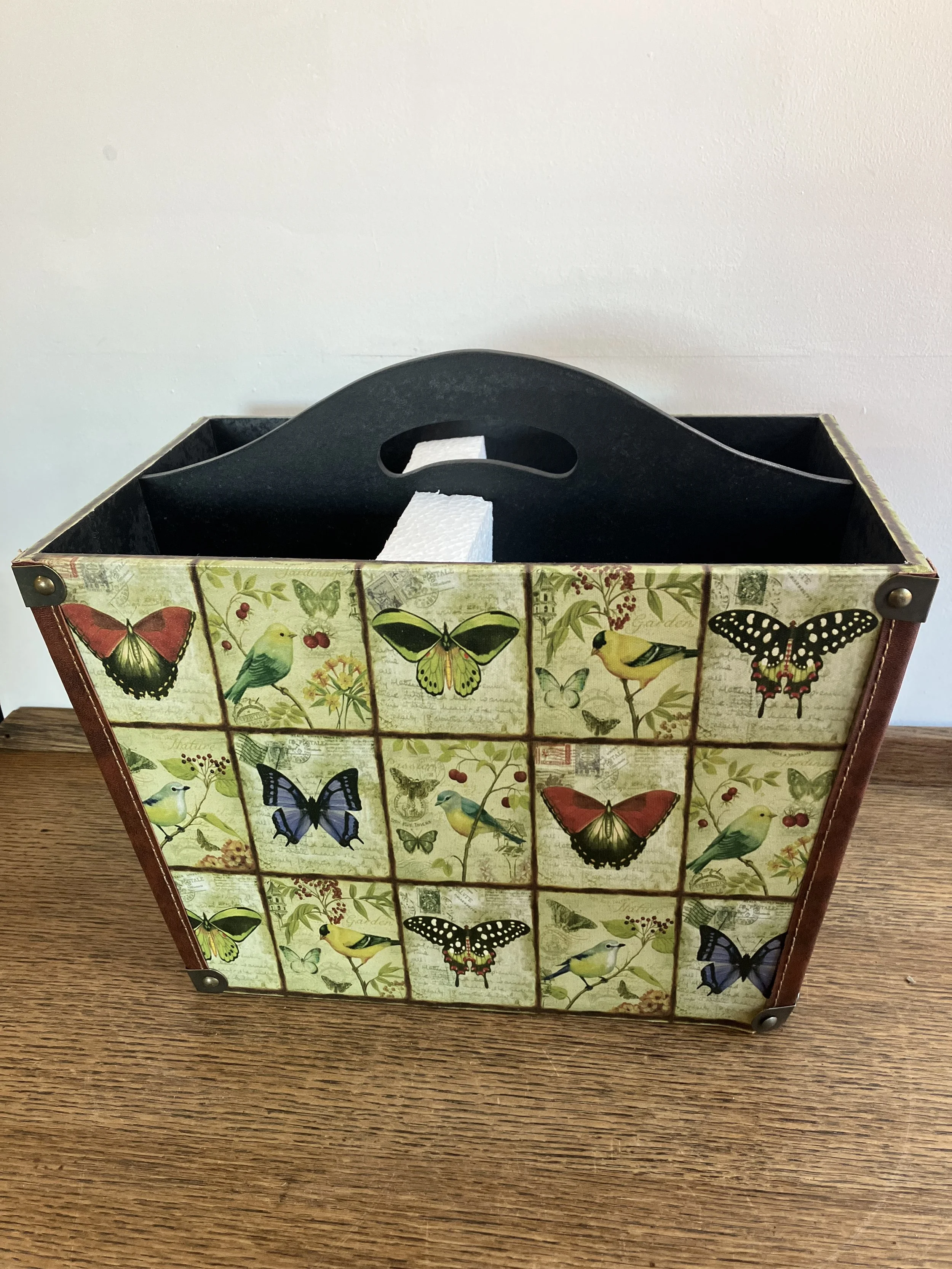 Rectangular Wooden Magazine Rack with Patchwork Butterfly Pattern