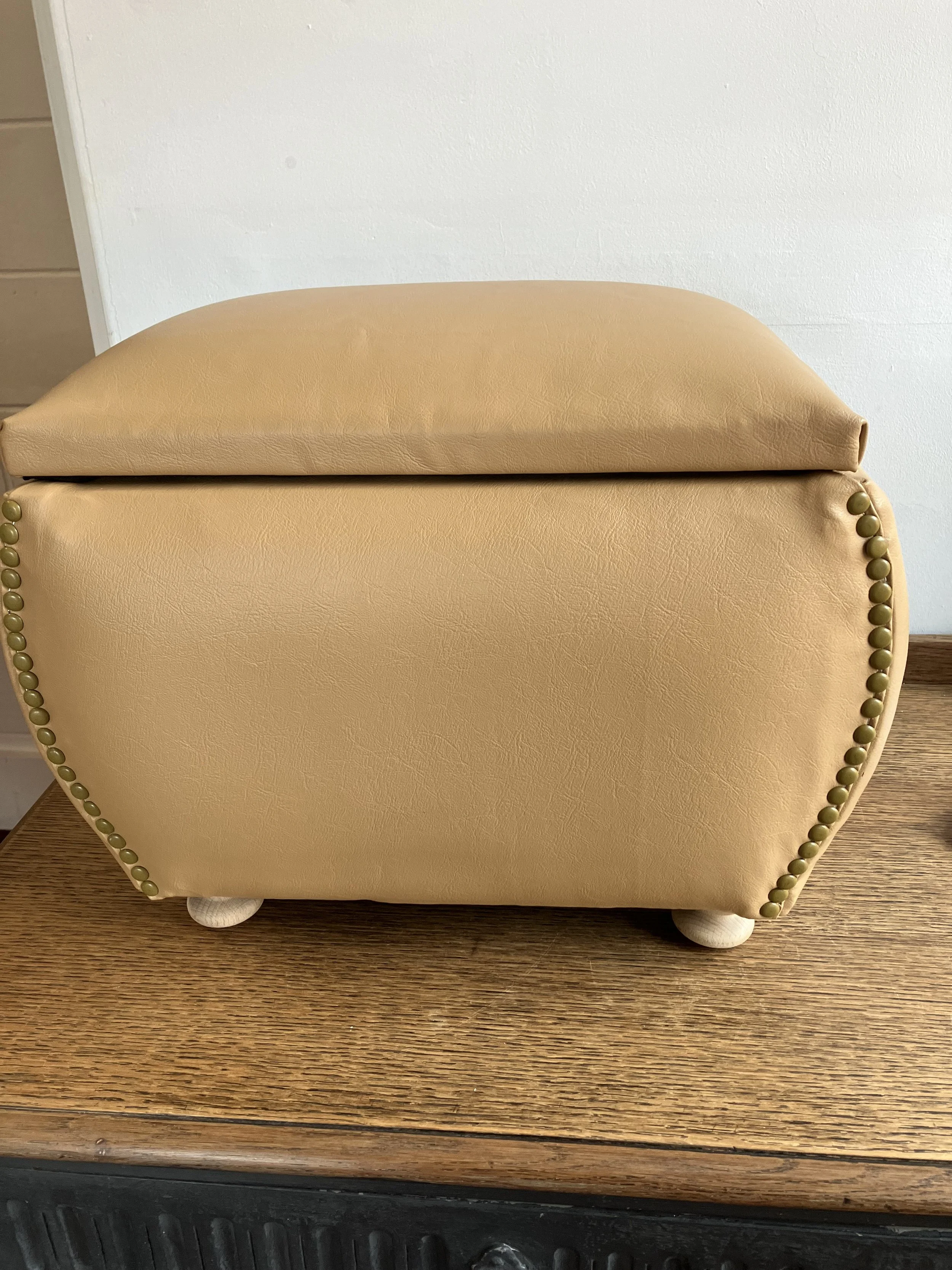 Beige Coloured Leather Footstool with Storage Area