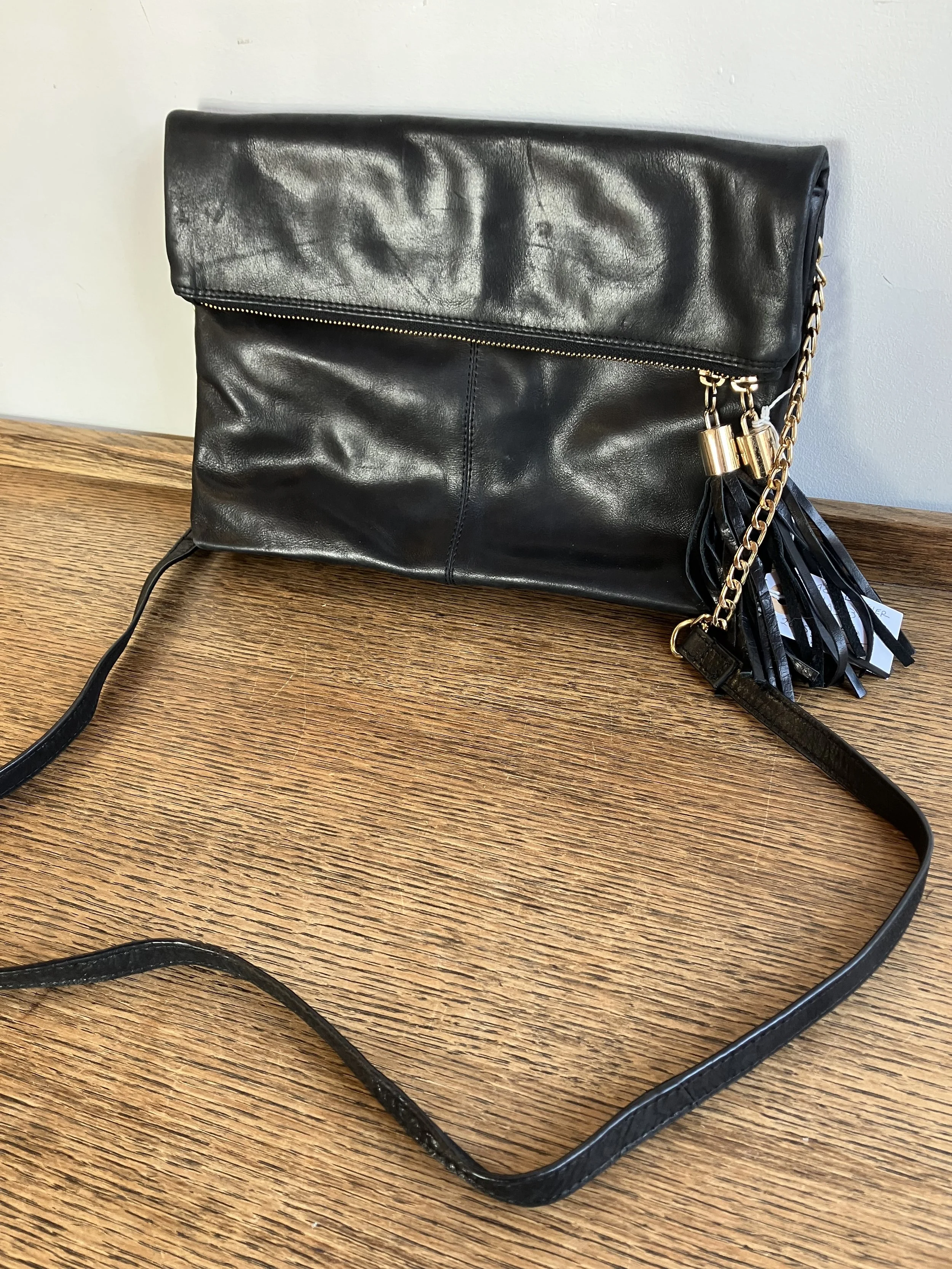 Black Leather Ladies Shoulder Bag with Tassels by Oasis