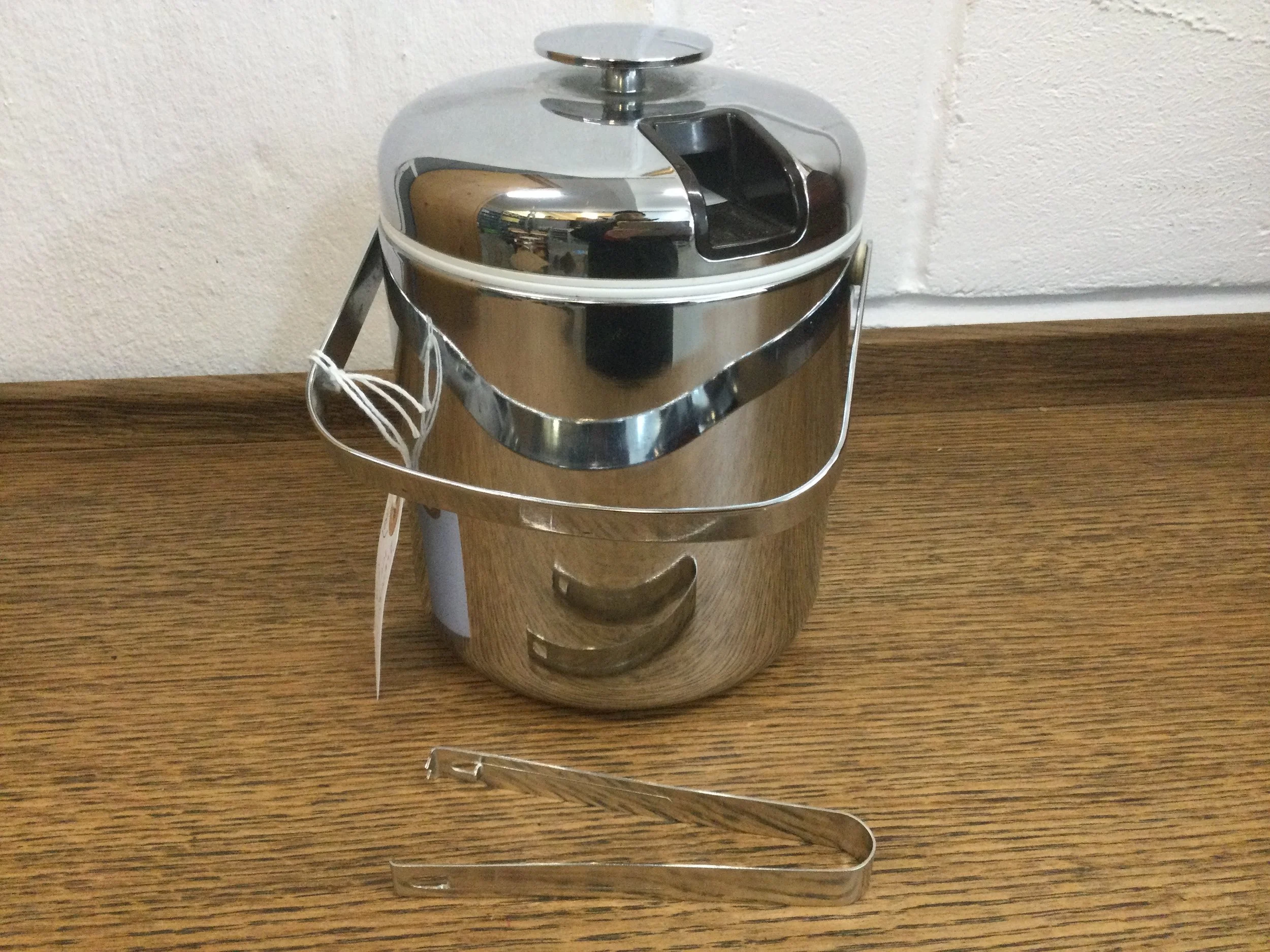 Chrome Ice Bucket with Plastic Liner and Tongs by Elephant
