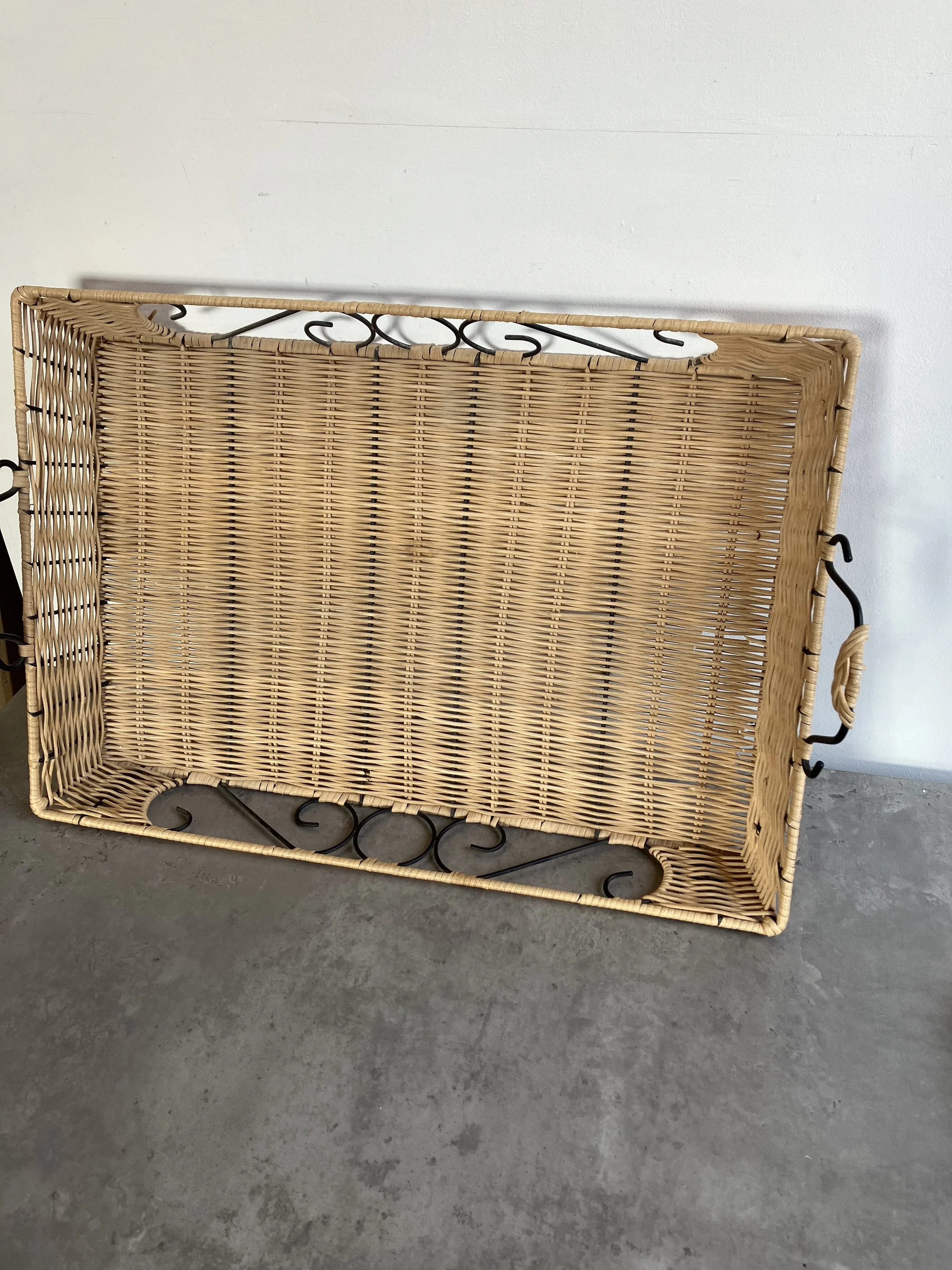 Rectangle Black Metal Tray with Wicker Sides and Base