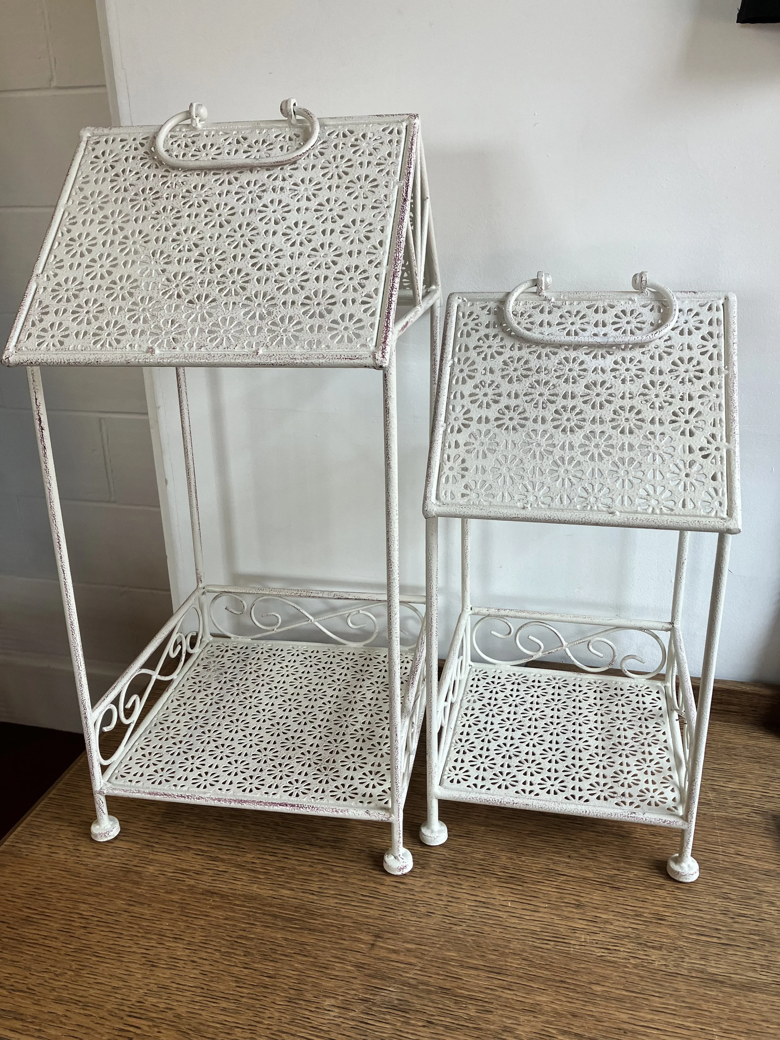 Pair of White Metal Rectangle Plant Stands with Flower Pattern