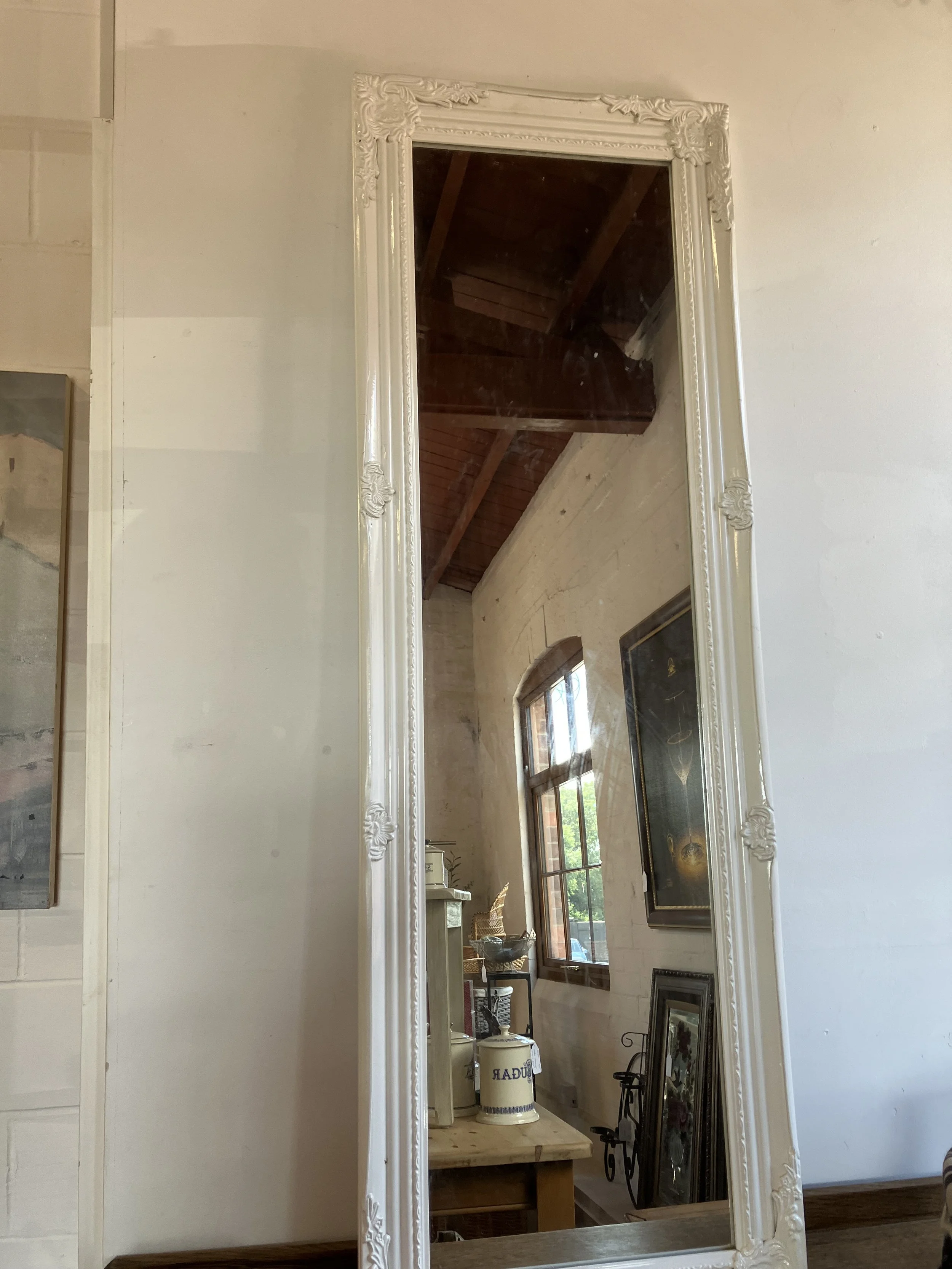 Large White Framed Mirror with Flower and Scroll Pattern