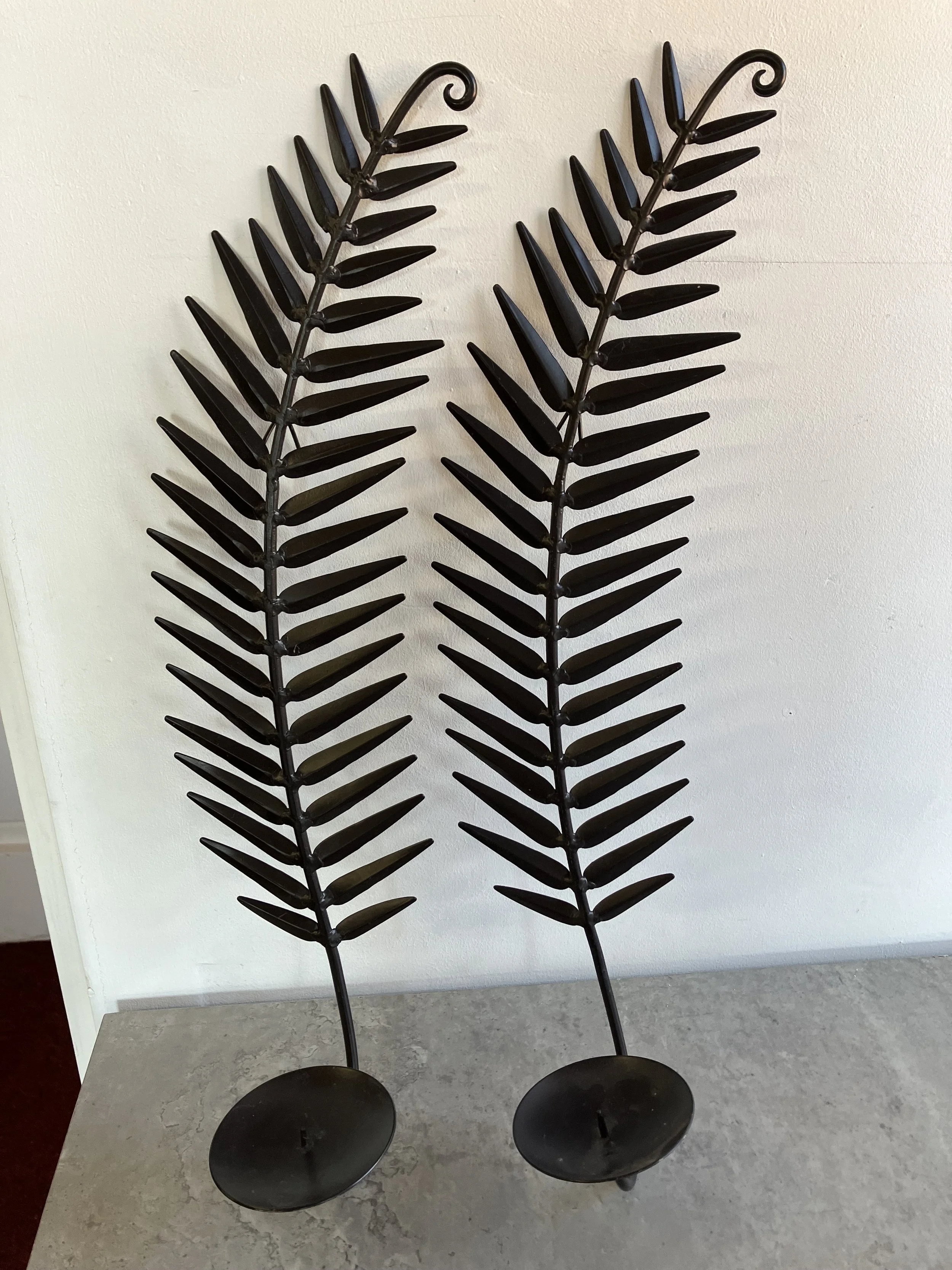 Pair of Black Metal Fern Leaf Shaped Wall Mounted Candle Holders