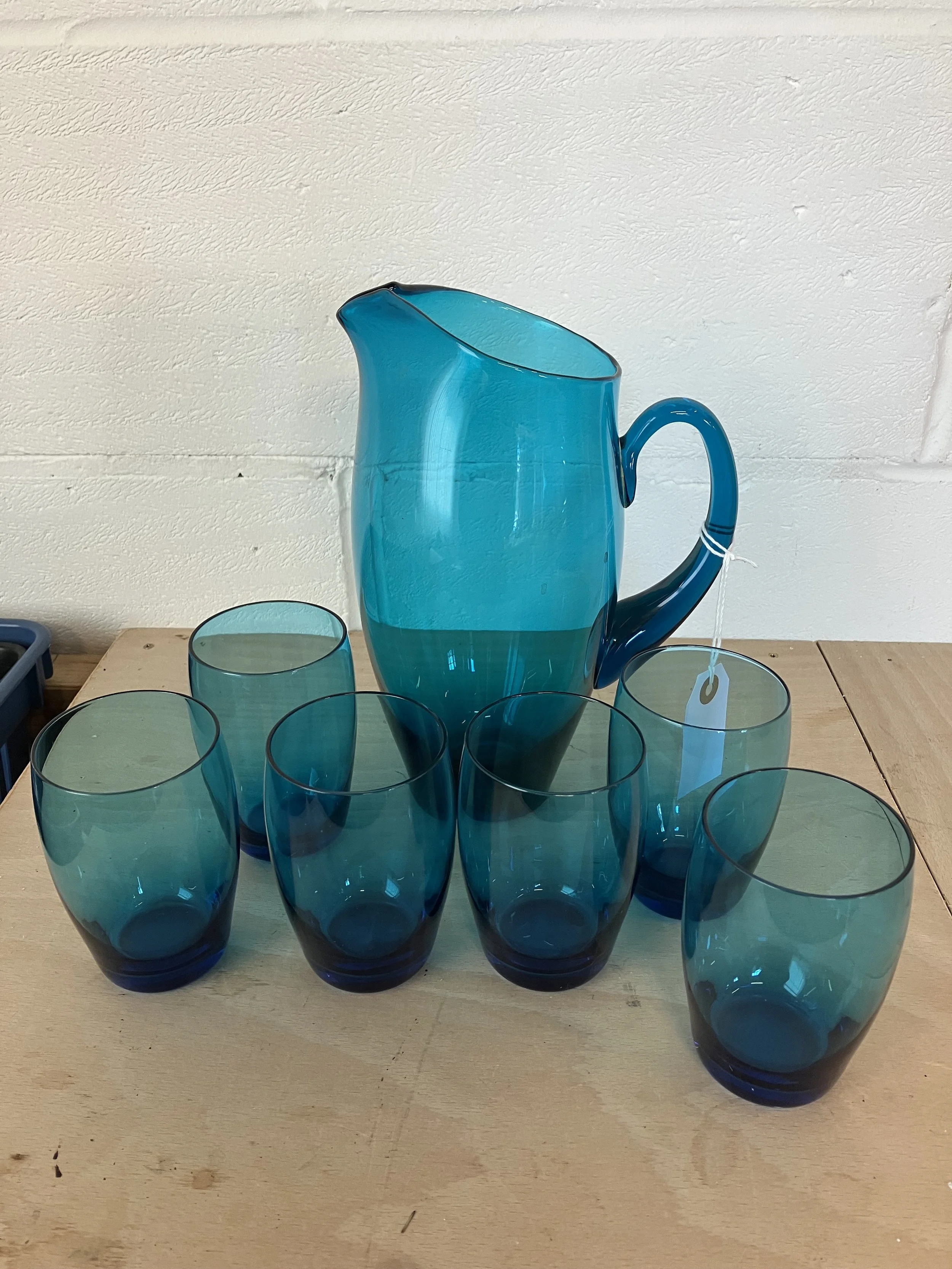 Vintage Blue Ombre Effect Lemonade Jug and Six Glasses