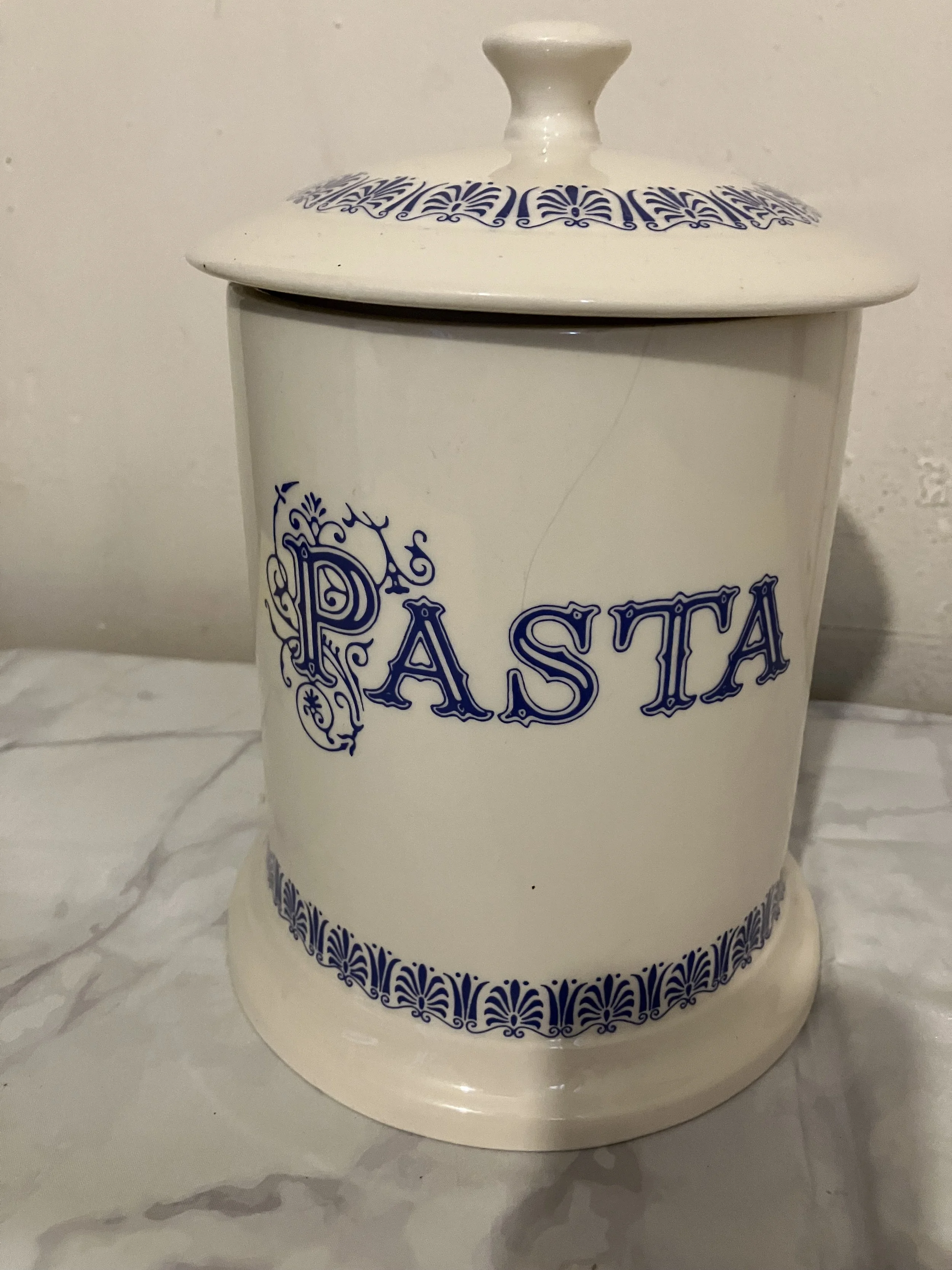 Large 1930's Cream and Blue Earthenware Pasta Cannister by Ditto