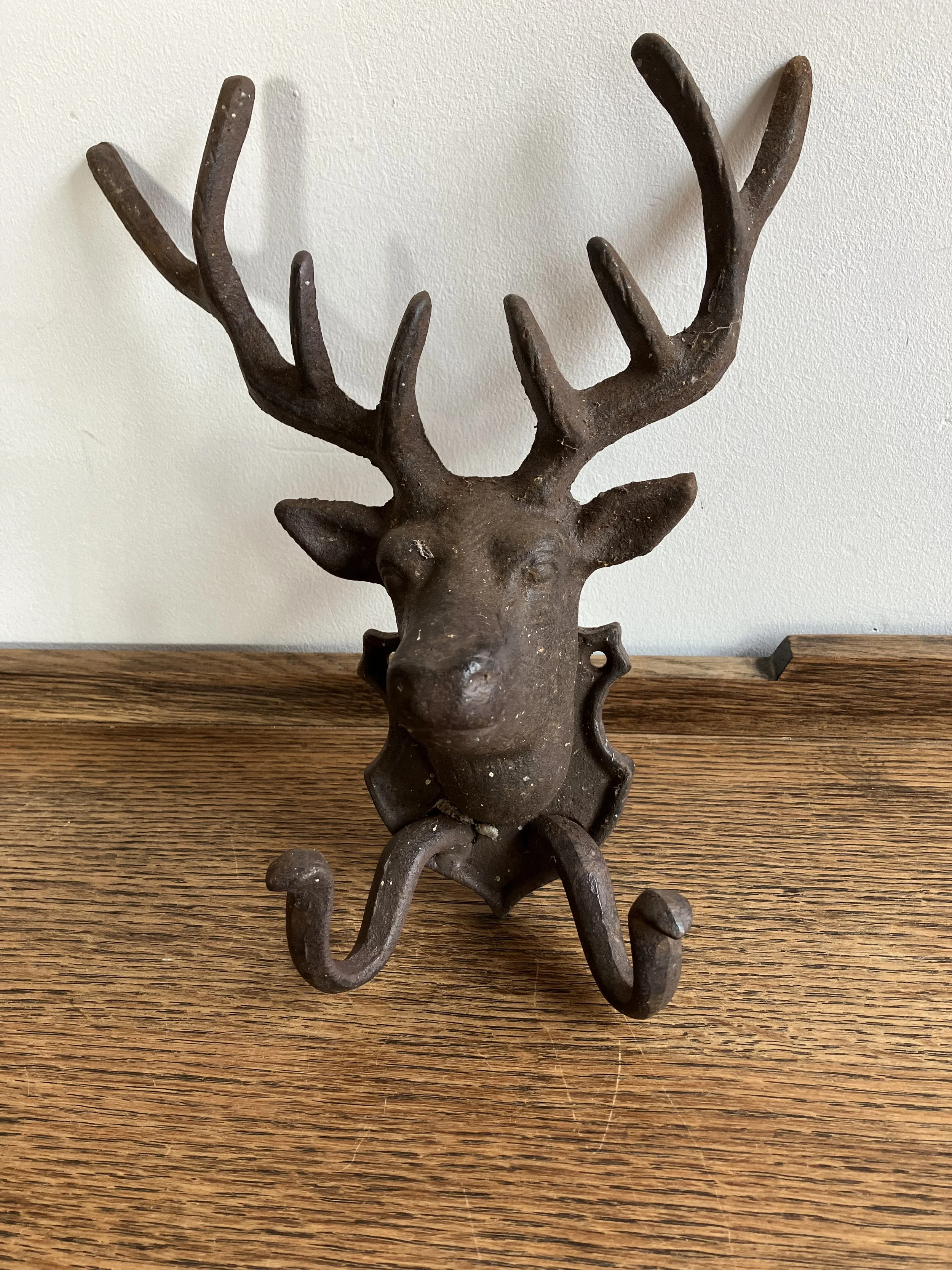 Large Brown Cast Iron Wall Mounted Stag Head Double Coat Hooks